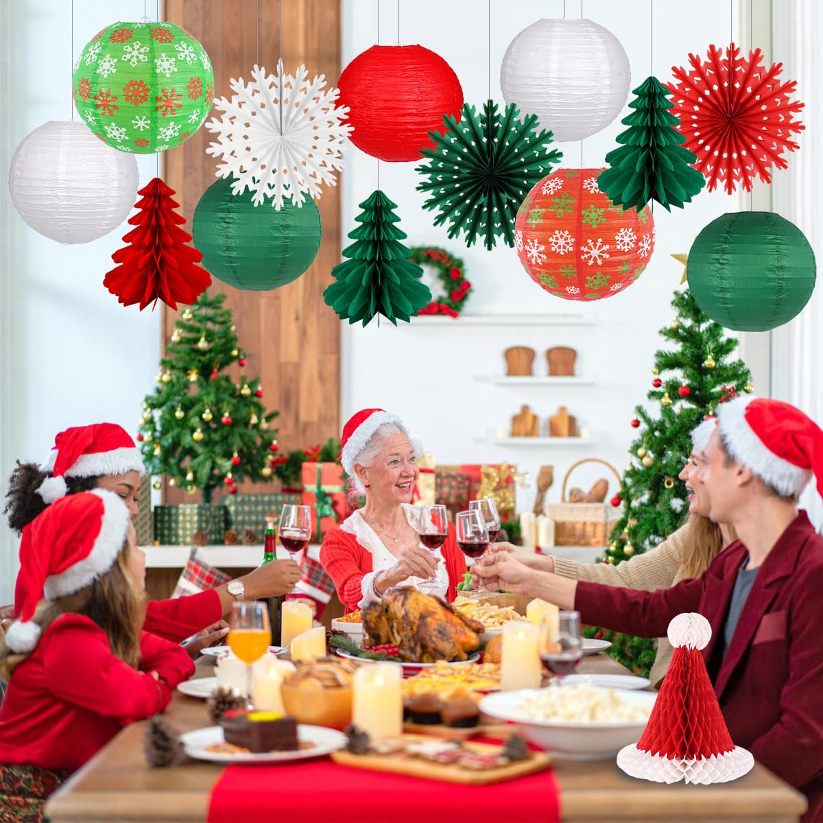 WinTS 9-Piece Christmas Party Decorations Set - Hanging Paper Lanterns, Honeycomb Tree & Hat, Garland - View #7