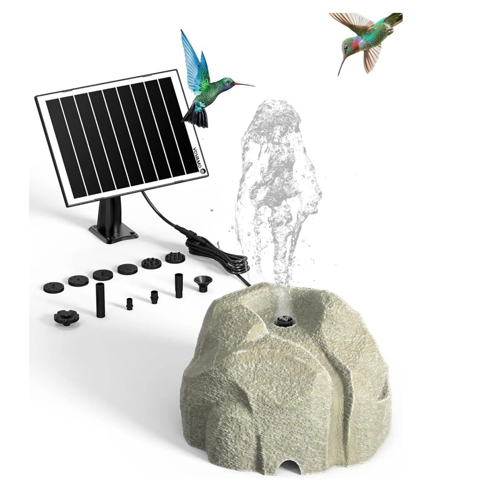 Realistic Granite-Effect Solar Bird Bath Fountain, Solar Powered Water Feature with 10 Nozzles, Resin Rock Fountain for Garden, Patios & Lawns, for Bird Bath (White)
