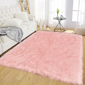 Latepis Pink Living Room Rugs Faux Fur Rug 5x6.7 Area Fuzzy Rugs for Teen Room Faux Sheepskin Rug for Living Room Sofa Floor Bedroom Luxury Home Decor