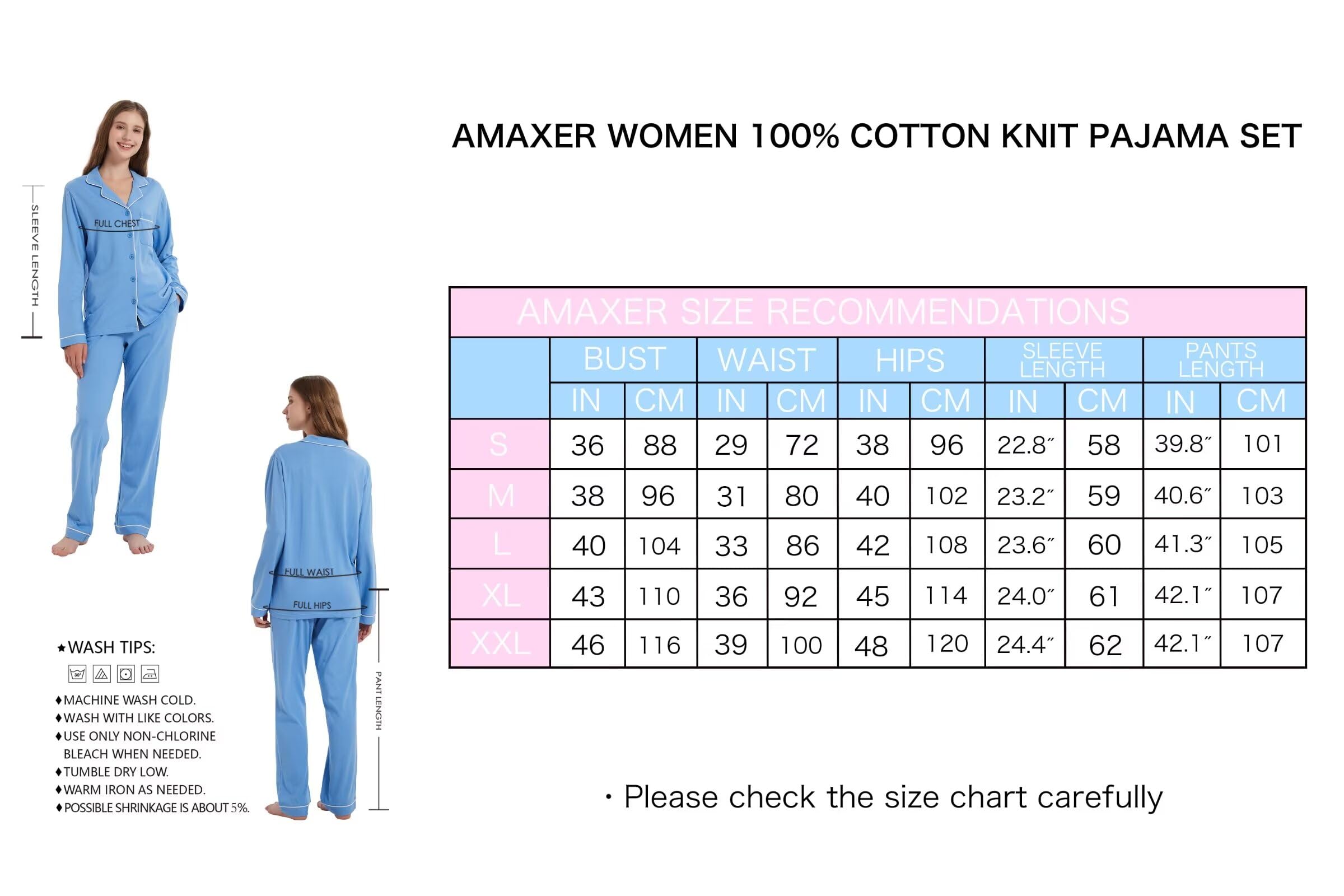 Amaxer Ensemble de Pyjama Coton Femme Vêtements de Nuit Femme 2 Pièces Comfy Manches Longues Bouton Down Col V Femme Pyjamas Set S-XXL