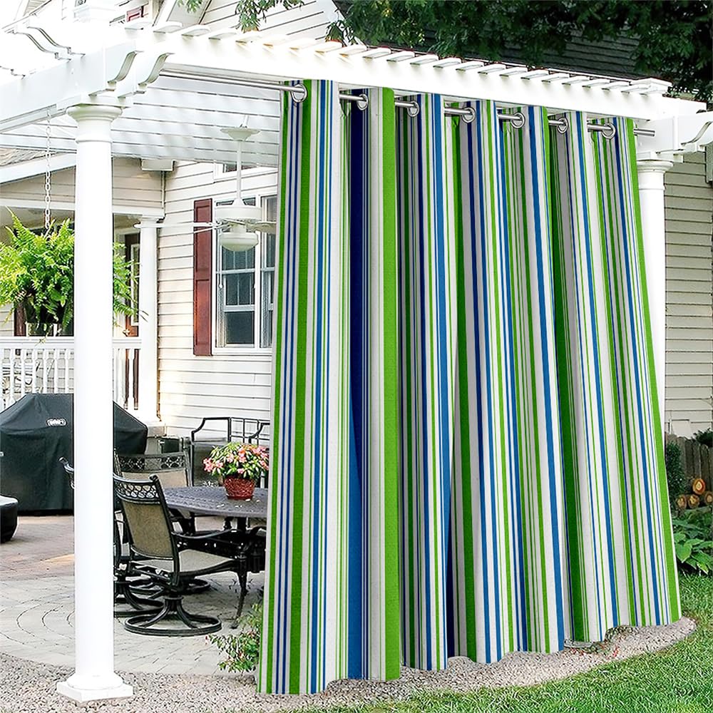 Hiseng Cortina Exterior Impermeable 1 Piezas Rayas Cortinas Opacas con Ojales Protección UV Solar Resistente al Agua Cortinas para Pergolas Terraza Patio Balcón (180x213cm,Verde Azul)