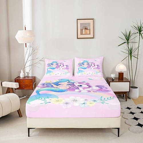 Miniatura 3 de Erosebridal Sábanas de cama de sirena azul para niñas, bonita sábana bajera ajustable de unicornio, 2 piezas, ropa de cama de arcoíris femenino de
