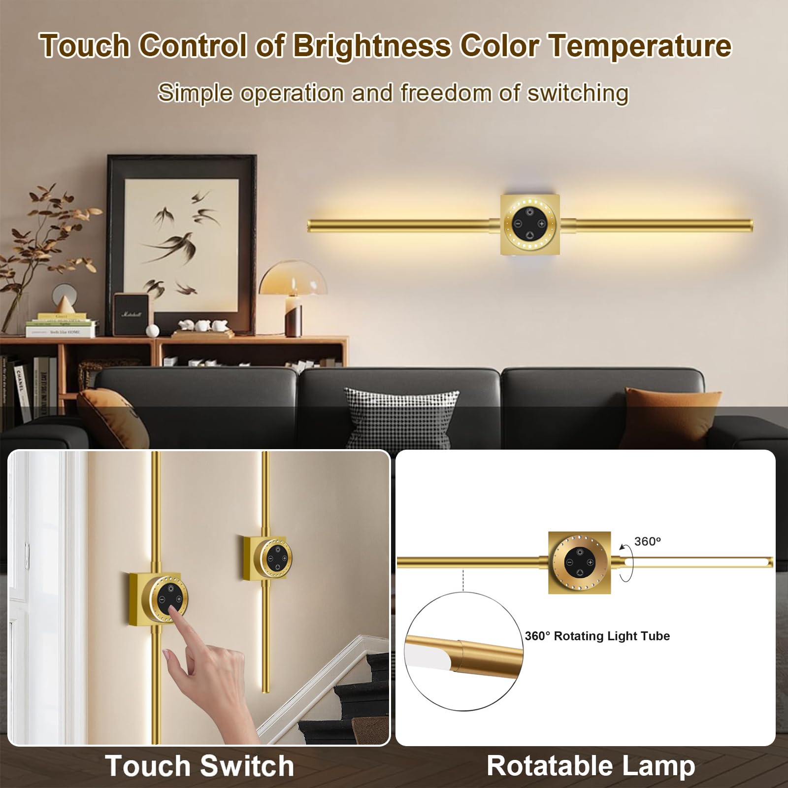 Akku Wandleuchte Innen Gold Touch Fernbedienung Dimmbar für Schlafzimmer | 78.5CM Lang Abnehmbar 6000 mAh Batterie USB Aufladbare Kabellos 360° Drehbarer Timer Tragbar Wandbeleuchtung für Wohnzimmer