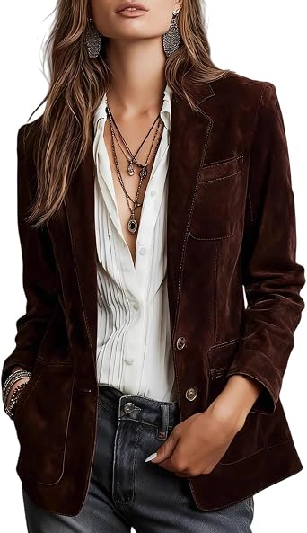 ZWRXW Blazers for Women Vintage Faux Suede Blazers Business Casual Long Sleeve Suit Jackets Open Front Lapel Coats Brown