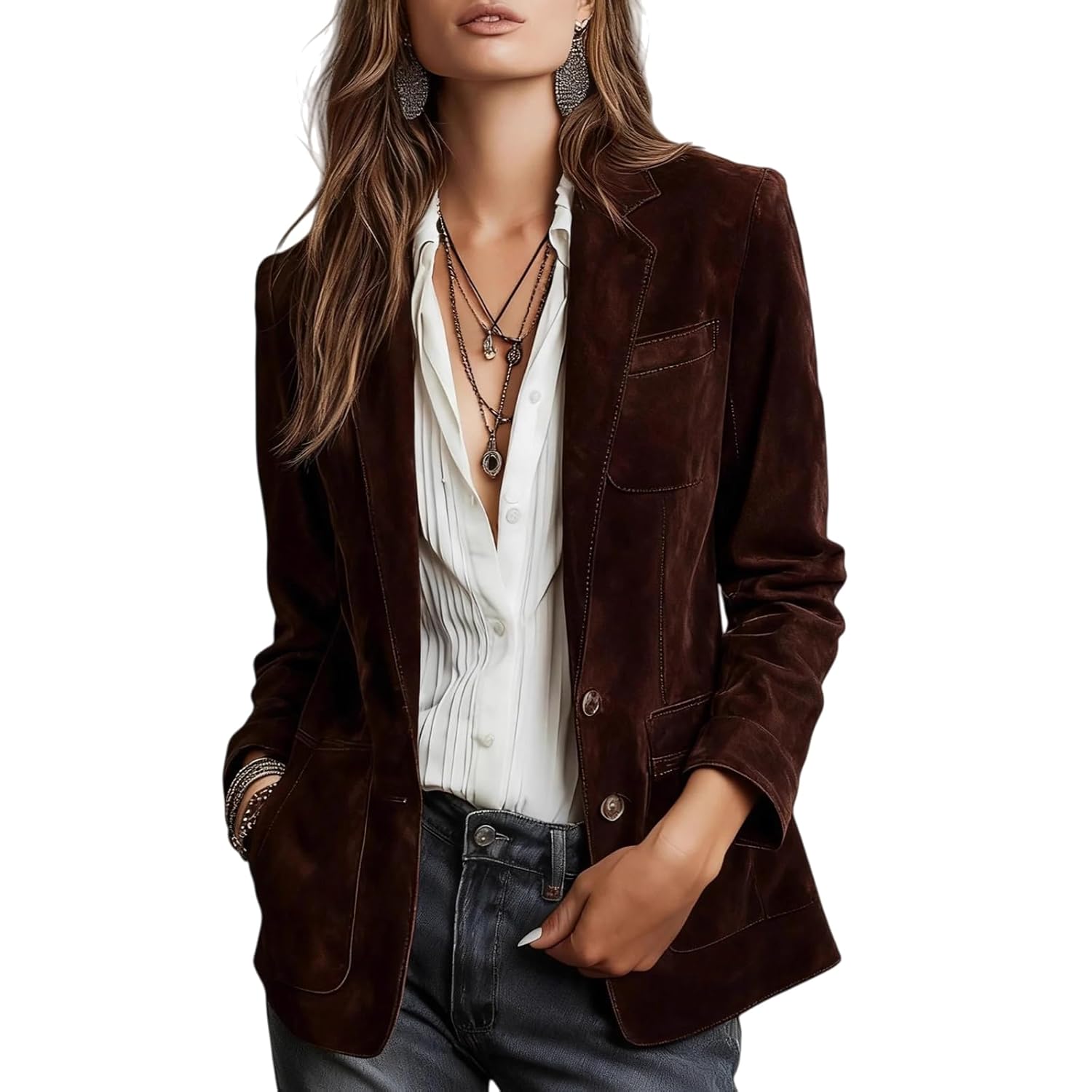 Womens Faux Suede Jacket Vintage Button Down Lapel Suit Jackets Dressy Open Front Long Sleeve Blazers With Pockets