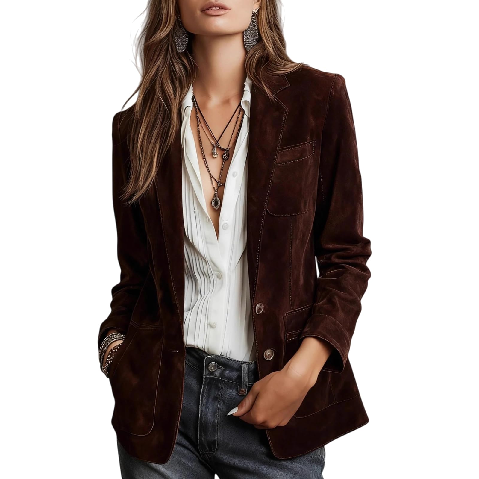Womens Faux Suede Blazer Button Down Casual Jacket Old Money Aesthetic Coat Vintage Work Office Suit Jackets