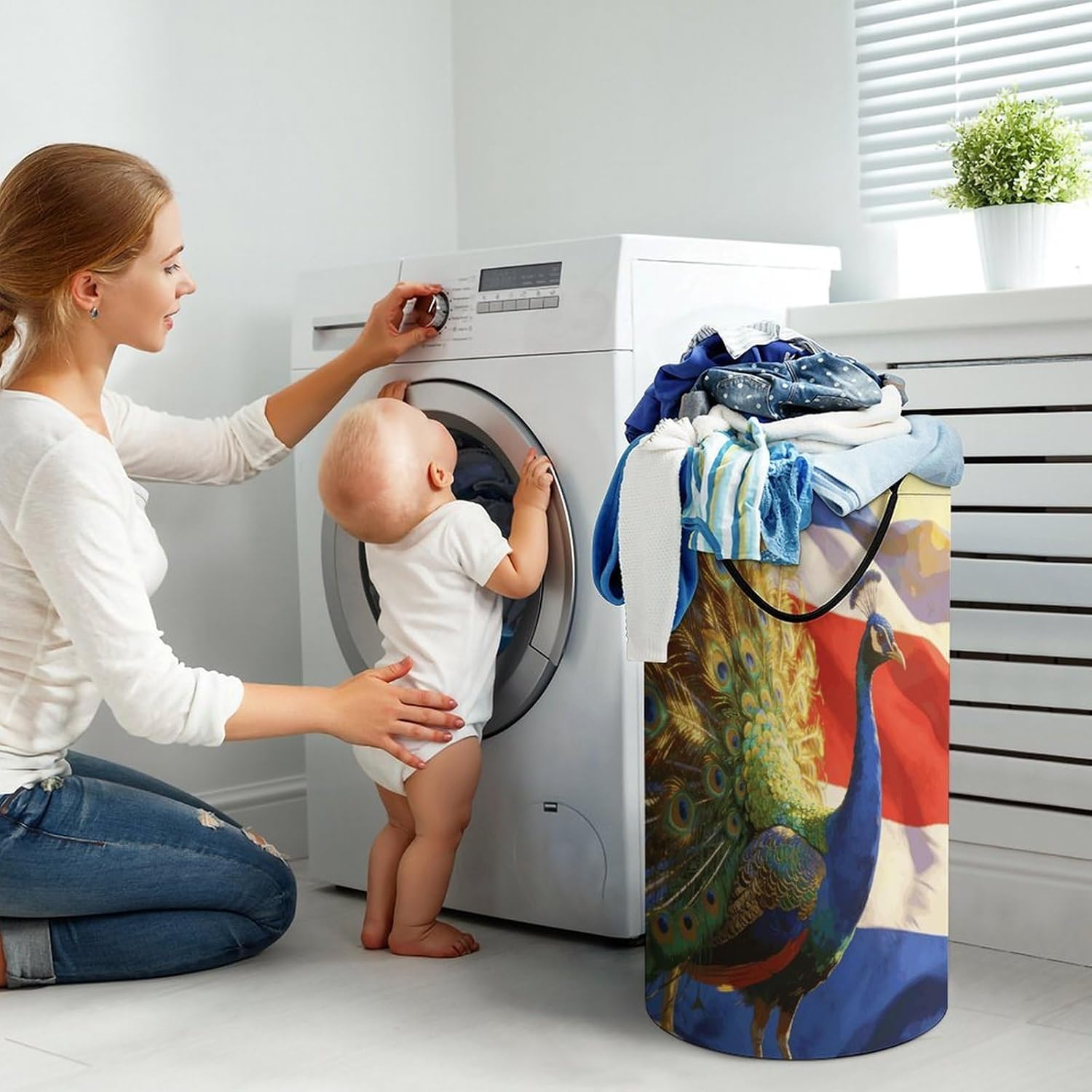Colorful Peacock And National Flag Laundry Hamper 86L Waterproof Collapsible Clothes Basket with Double Handles Freestanding Foldable Laundry Basket Large Clothes Hamper for Bathroom