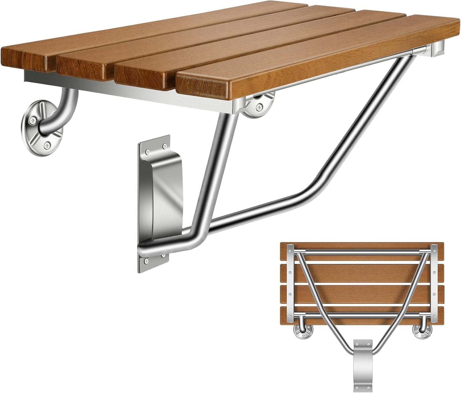 Folding Shower Seat Wall Mounted 24" with Stainless Steel Bracket, Structural Stability, 500 lb Capacity, Space-Saving, Teak Shower Bench for The Elderly, Disabled, Pregnant Individuals, Children 24 inches Teak Shower Bench