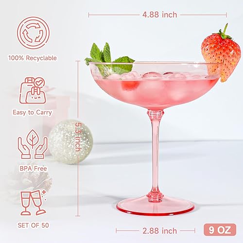 Miniatura 2 de Copas de Martini desmontables de 9 onzas de plástico rosa champán, copas de copa de champán con borde dorado, sopladas a mano, juego de cristalería