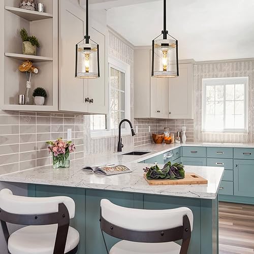 Miniatura 4 de Lámpara colgante de granja, luz de cocina de vidrio sembrado con jaula de metal, lámpara colgante rústica con acabado de madera envejecida, luz