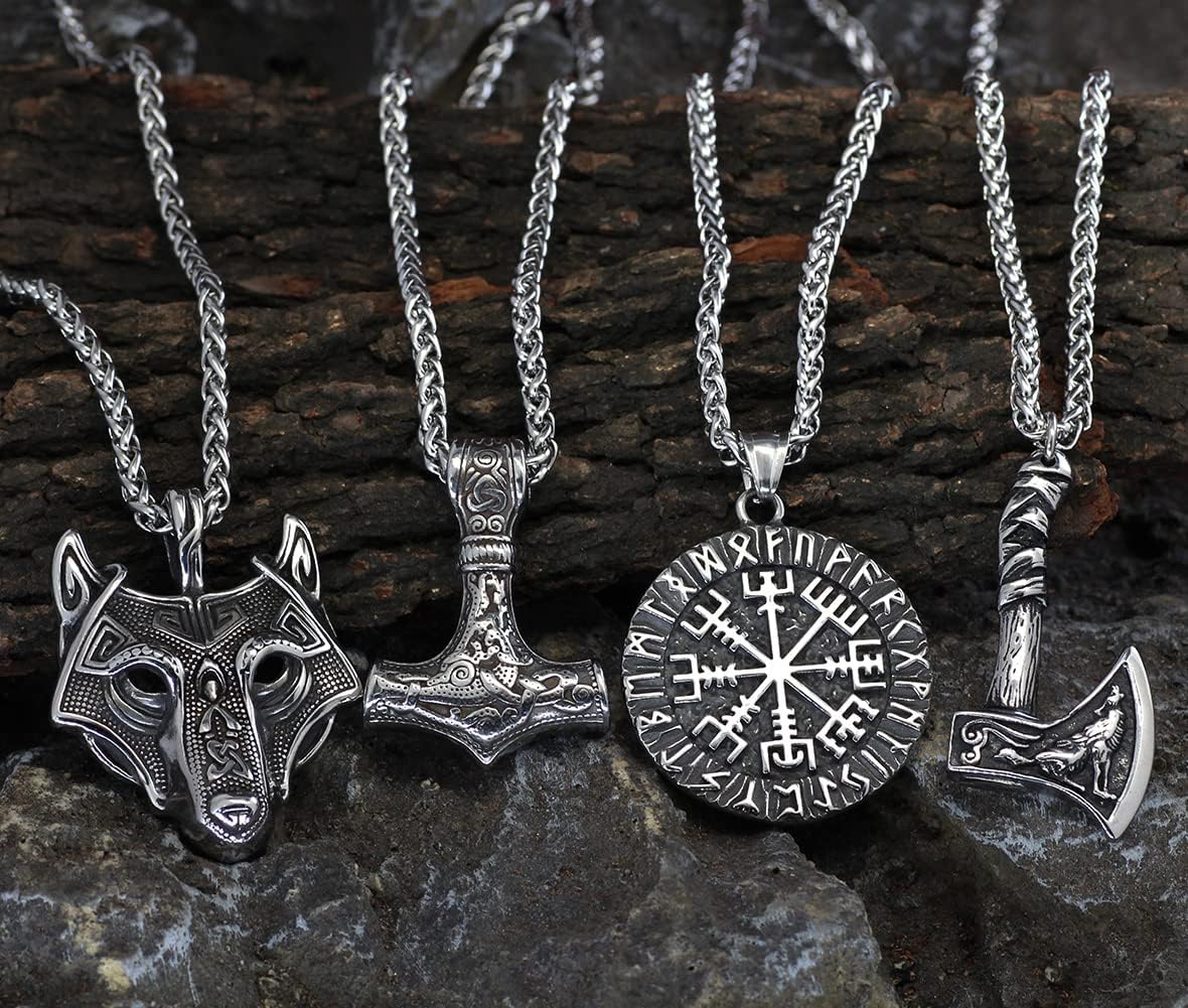 GuoShuang Viking Mens Necklaces - Silver Jewelry Set of Axe, Wolf & Mjolnir Necklaces - 24 Inches