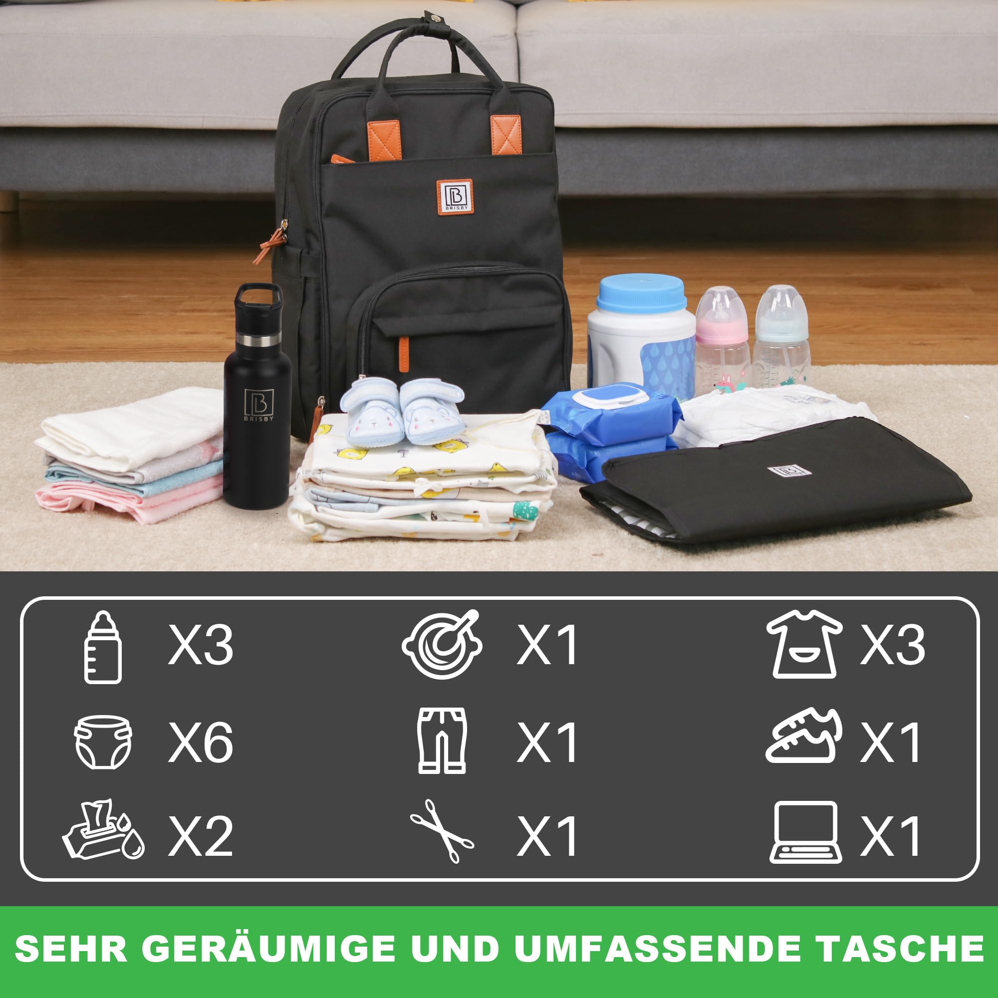 Brisby strapazierfähige Wickeltasche - Pflegetasche - mit Buggyhalterung - Schwarz