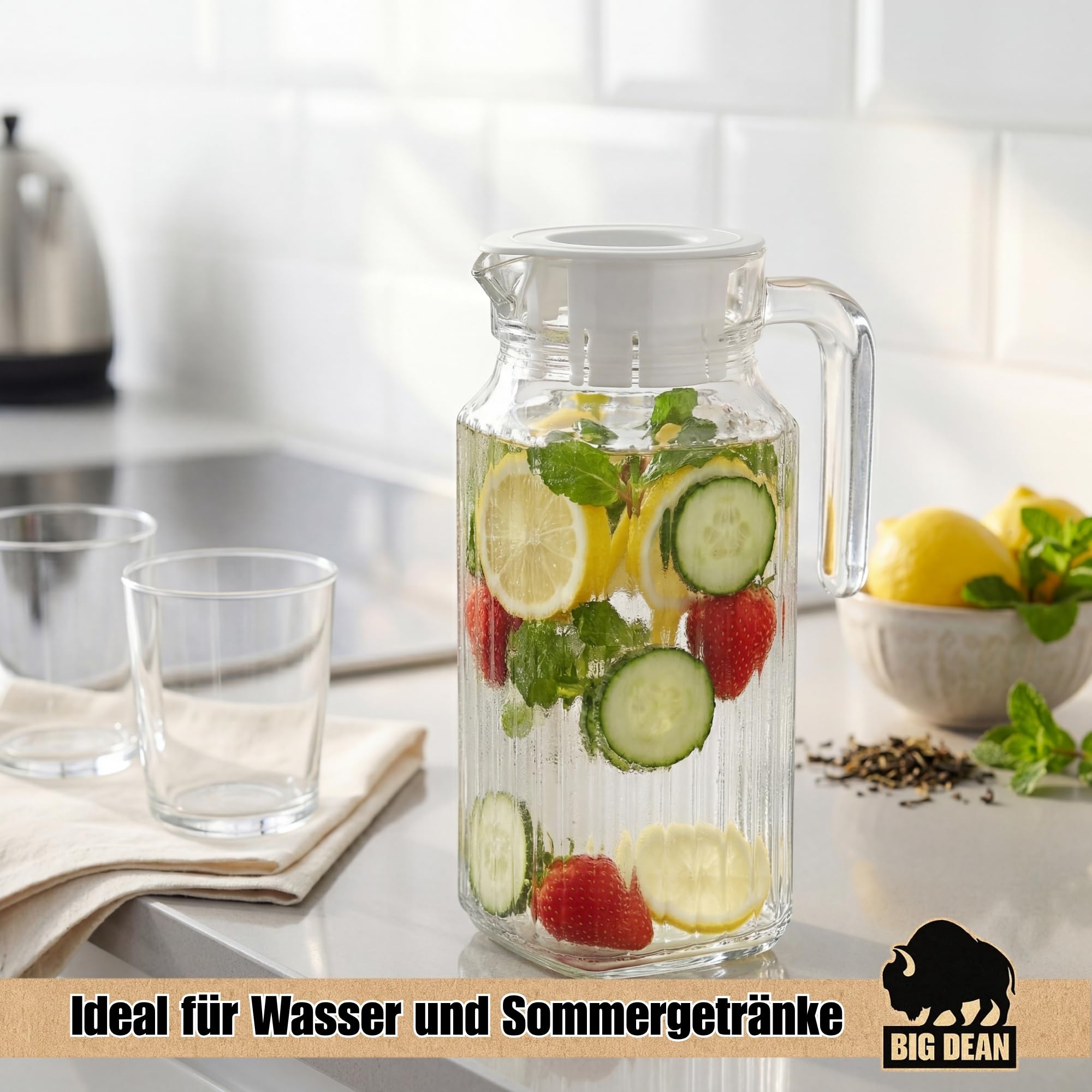 2 Stück Kühlschrankkrug 1,1 Liter Glas Wasserkrug mit Deckel ergonomischer Griff