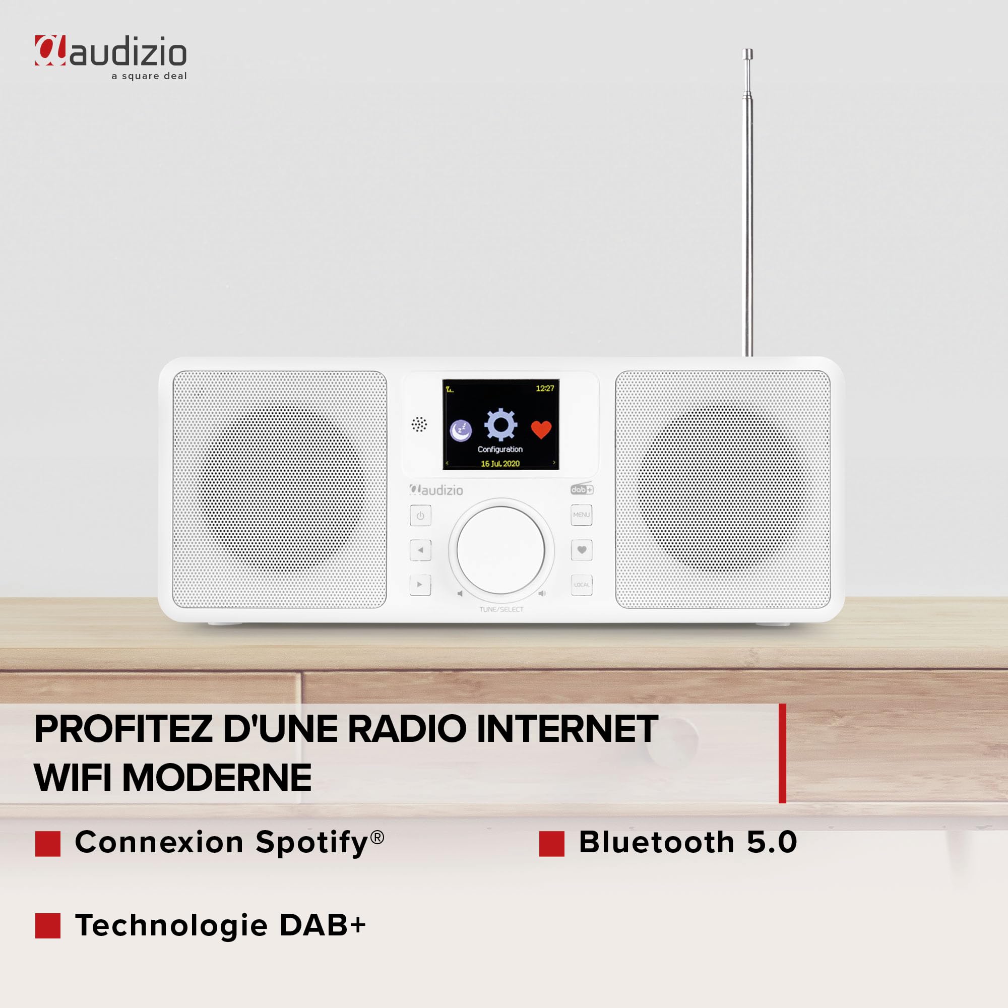 Audizio Rome - Radio Internet WiFi Stéréo Dab+ - Blanc, Récepteur Bluetooth, Écran de Couleur, Fonction Horloge et Timer, Télécommande Incluse, Idéal en Maison et Bureau