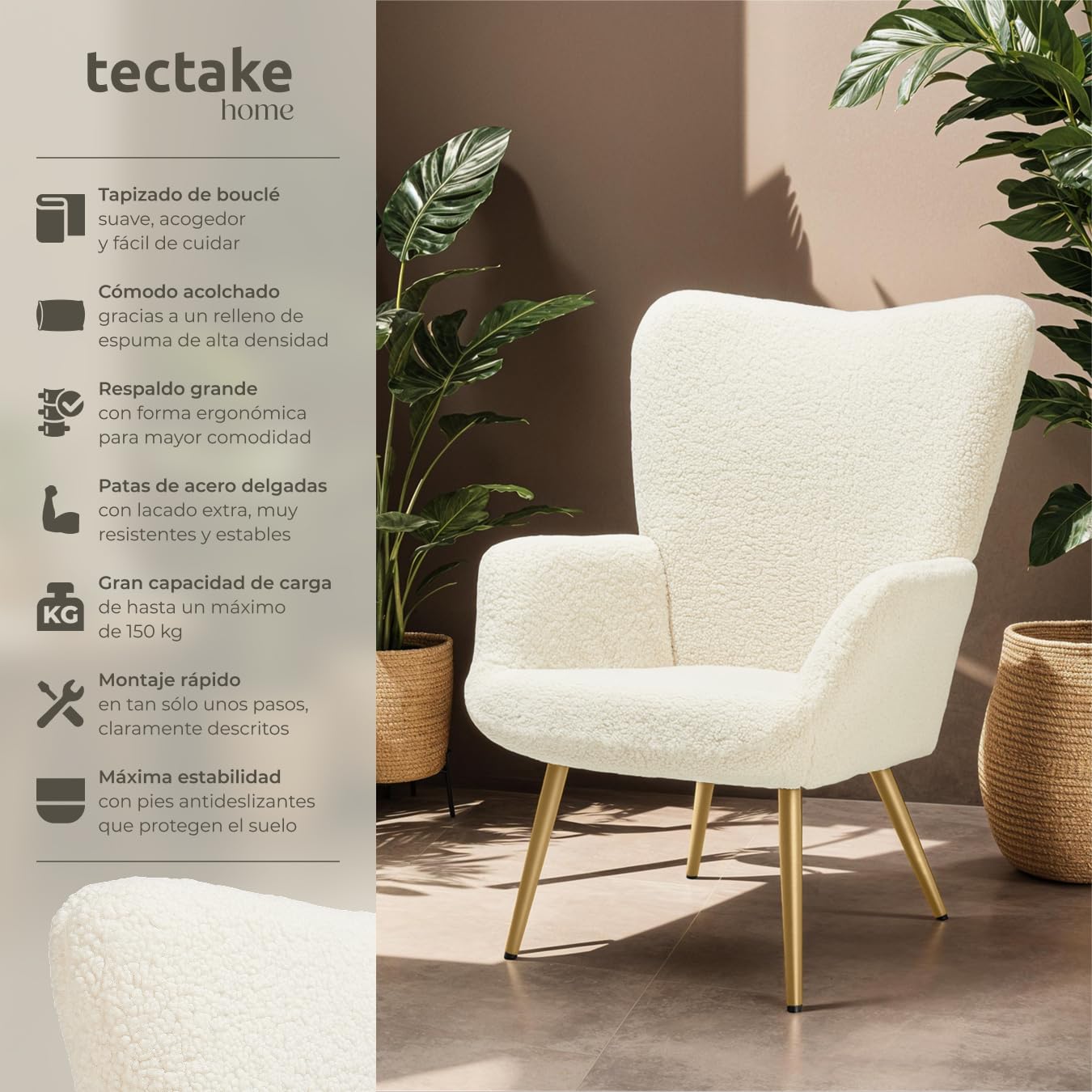 tectake® Sillón Orejero Estilo Escandinavo, Butaca de Salón con Tapizado en Tejido Bouclé, Sillón Lectura con Respaldo Ergonómico, Ideal Mueble de Salón, Topes en Patas, hasta 150kg - Crema/Dorado