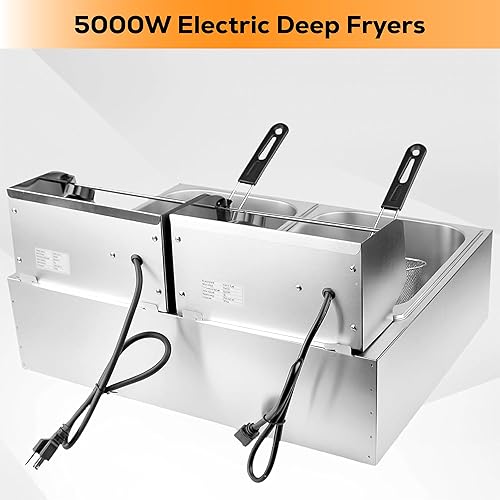 Miniatura 4 de Freidora eléctrica de 12 litros con cestas dobles y tapas, freidora comercial de acero inoxidable de doble tanque de 5000 W con control de