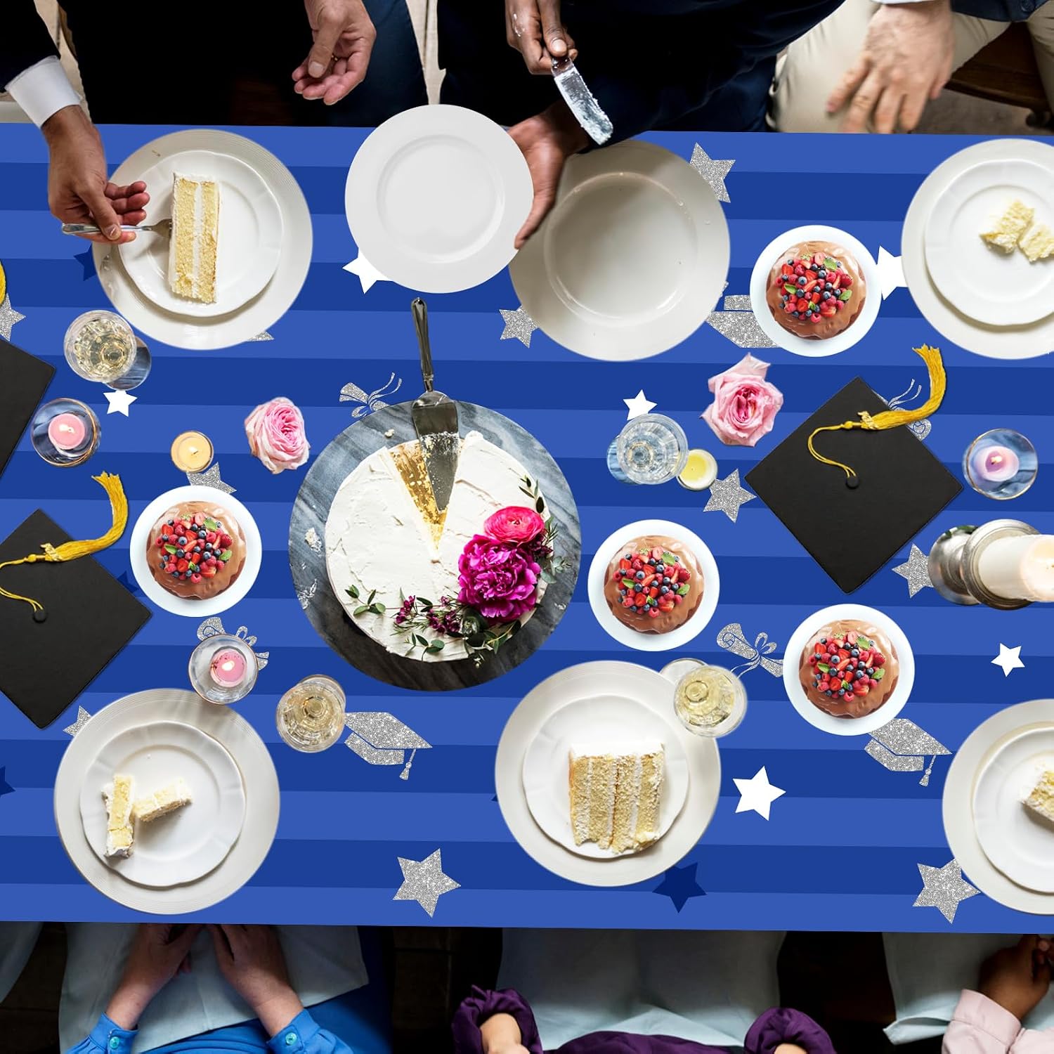 Avezano 3 pcs Graduation Tablecloths 108x54 inch Graduation Table Cloths Class of 2026 Blue and Silver Tablecover Decorations Grad Plastic Tablecloth