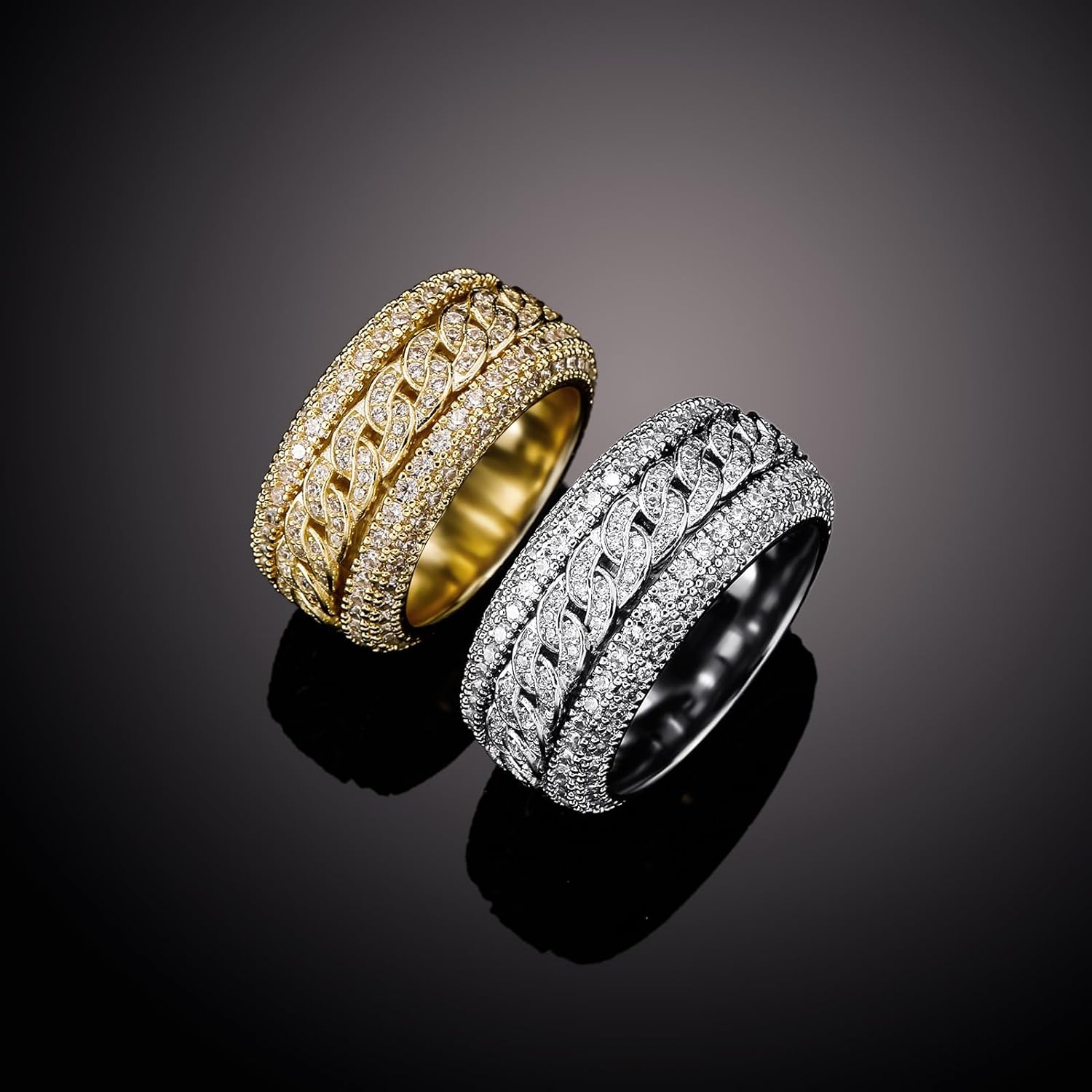 14K Gold over S925 Sterling Silver Hip-Hop Style Densely Set Mossanite Ring, Rotating Men's Ring, Unique and Stylish, Just Like Him, Daily Gifts for Dad