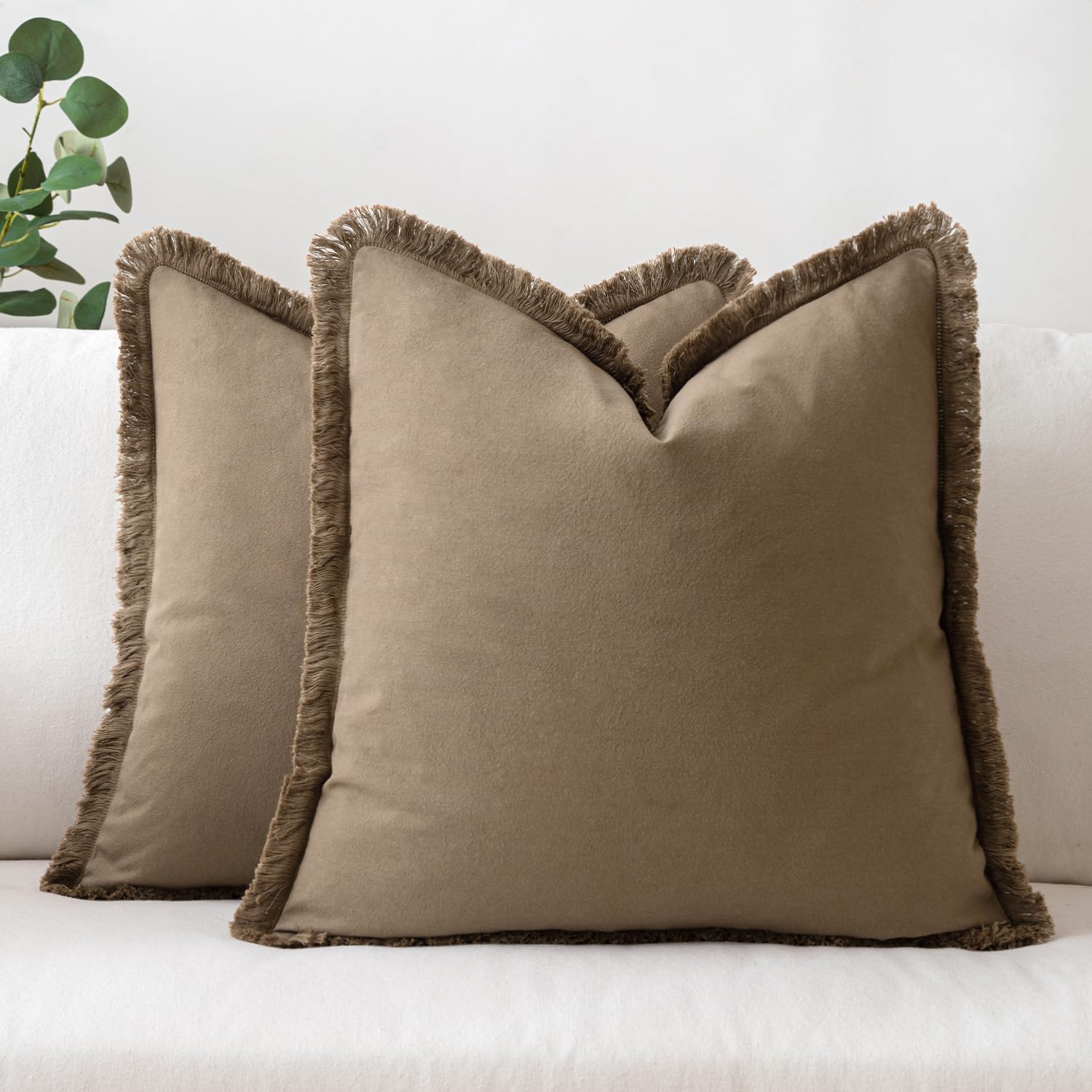 MIULEE Throw Pillow Covers 24x24 Set of 2 Brown Pillow Covers with Fringe Chic Cotton Decorative Pillows Square Cushion Covers Farmhouse Boho Decor for Sofa Couch Bed Living Room