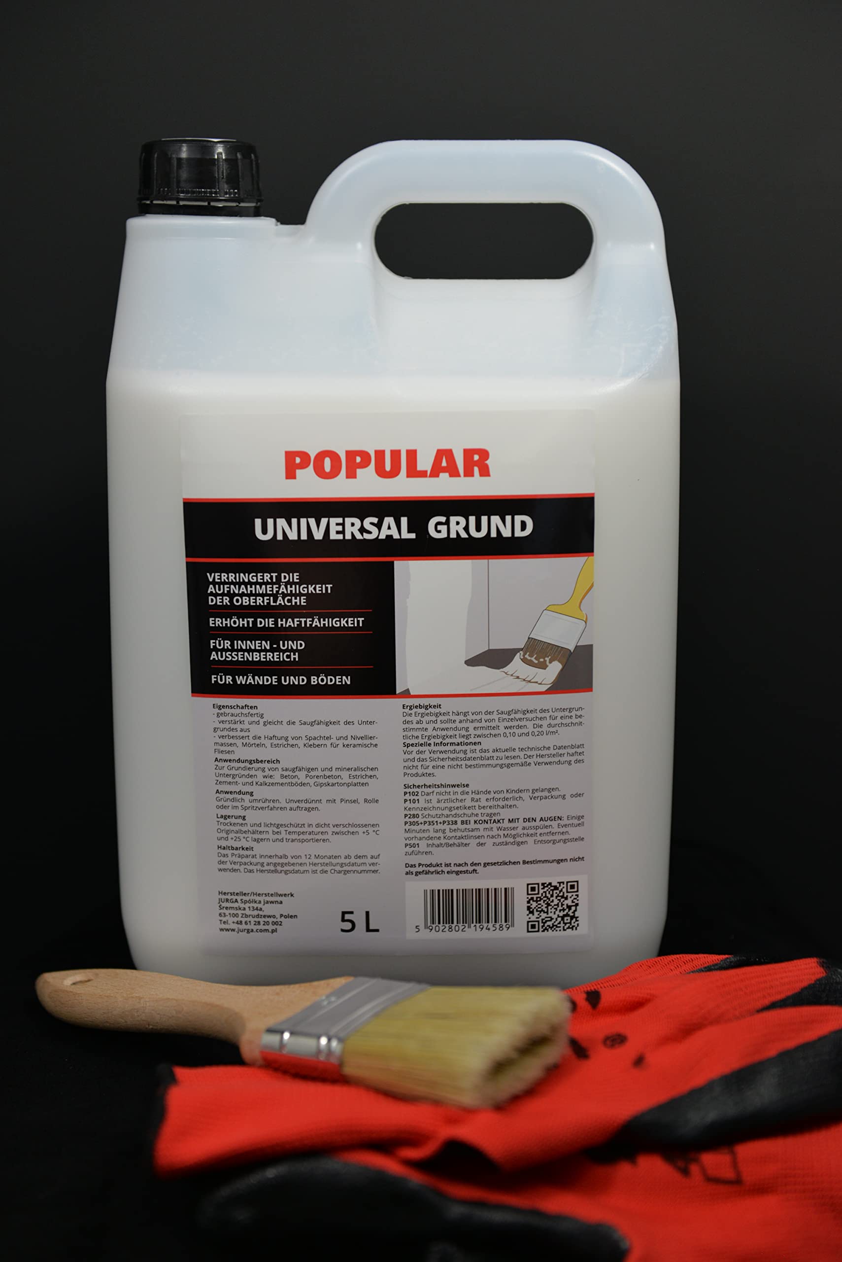 JURGA Popular Grunt 5L (≈50m²) Do Ścian i Podłóg Uniwersalny Podkład Preparat Gruntujący Do Użytku na Zewnątrz i Wewnątrz na Chłonne Porowate Podłoża