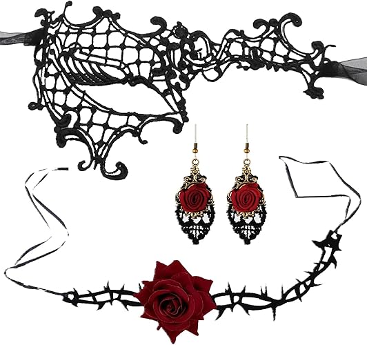 Halloween Rose Flamenco Necklace, Vampire Black Vintage Rose Adjustable Choker. For Women & Gothic Style. Earrings, Flamenco Dancer Costume Lace Mask, Vintage Necklaces. Ideal for Christmas, Halloween, Cosplay Parties.