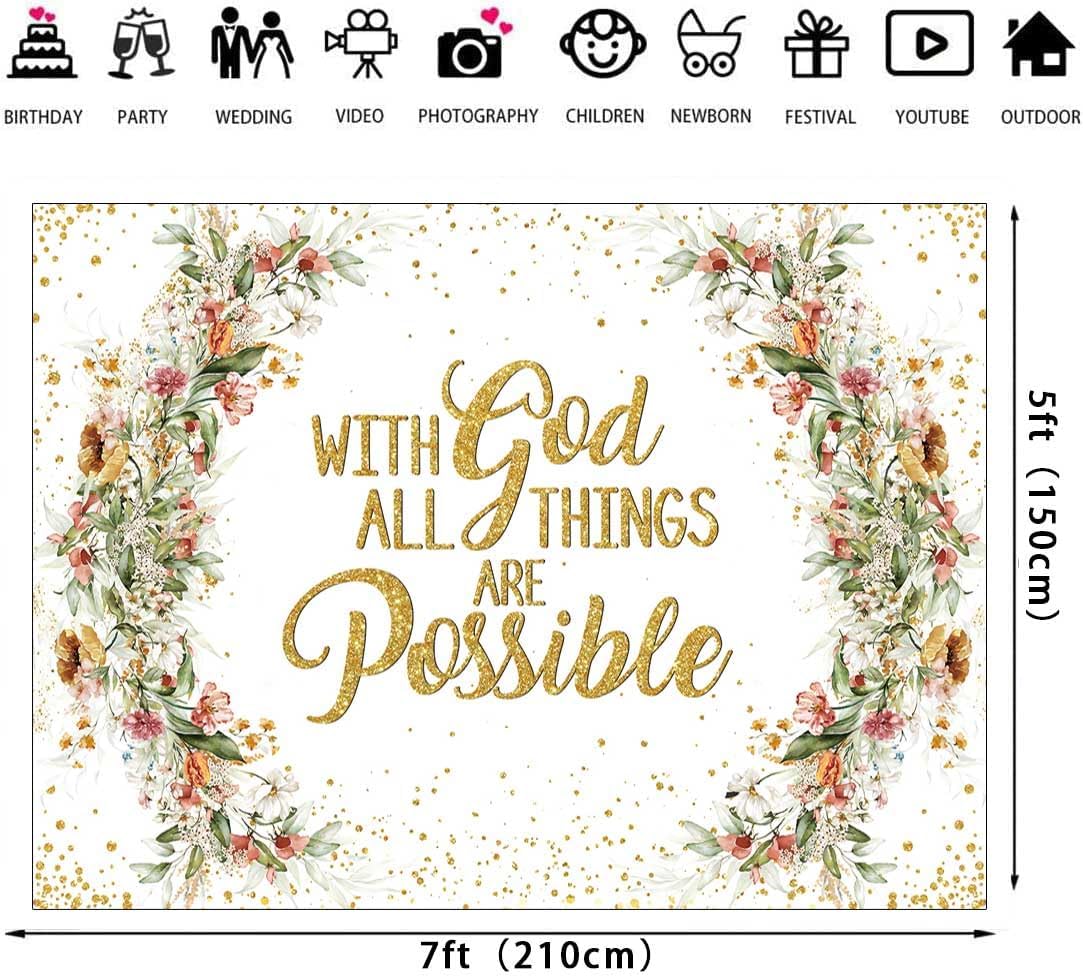 God Bless Backdrop with God All Things are Possible Photography Background Spring Flowers Easter Religious Jesus Corss Christian Party Decoration(7×5FT)