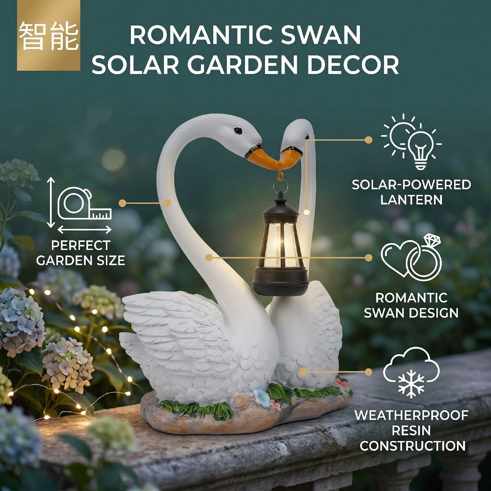 Statua da giardino a forma di cigno solare con lanterna sospesa, romantica coppia di cigni in resina, scultura impermeabile per esterni, decorazione per cortile, prato, patio