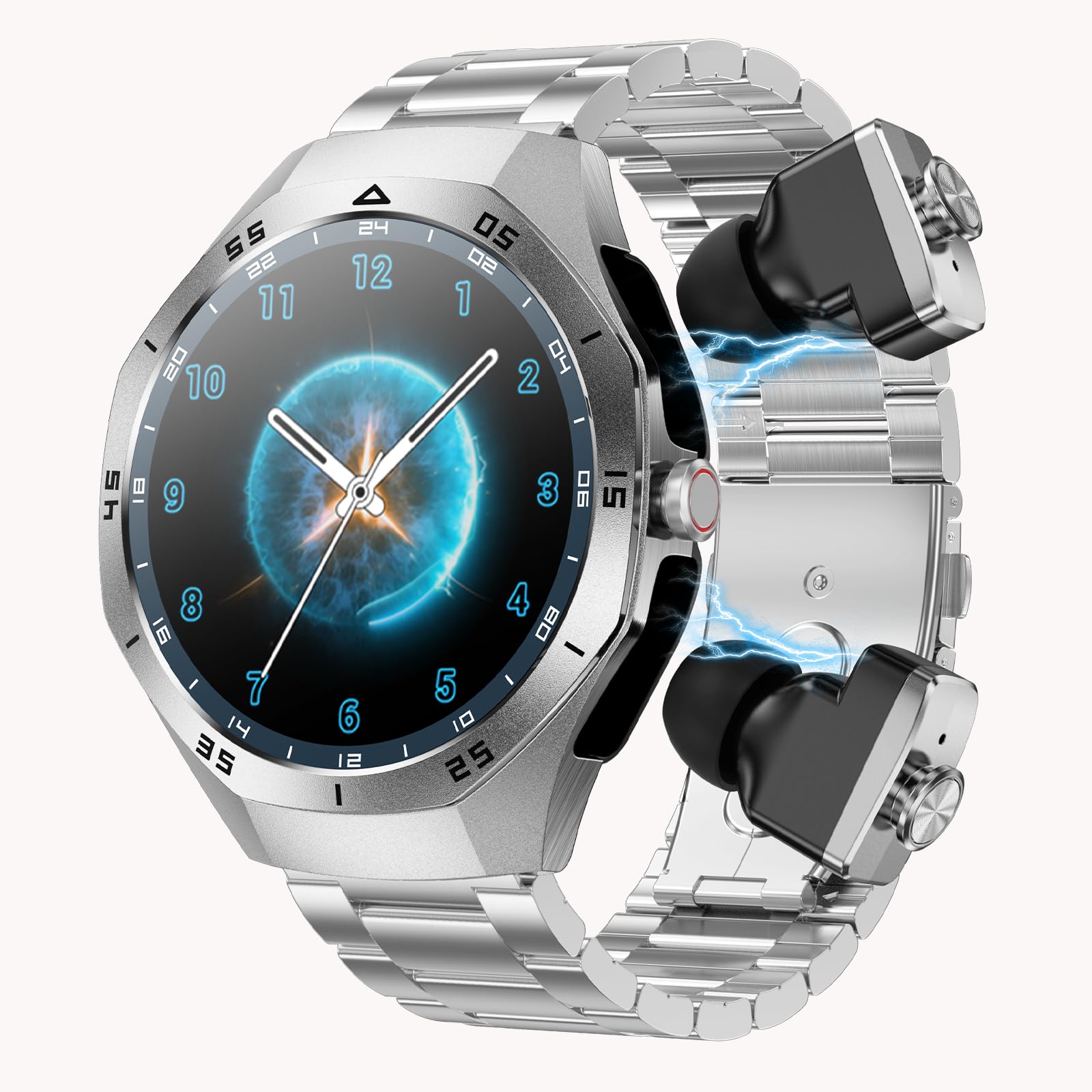 Yihou Smart Watch with Earbuds 2 in 1 Watch with Earbuds for Men Fitness Tracker with Sleep Tracker Heart Rate Monitor for Android iOS Silivery Steel Three Beads