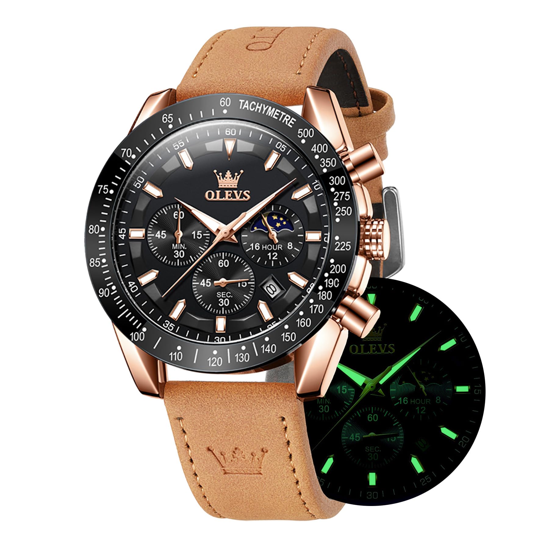 OLEVS Reloj de Hombre de Cuarzo Multifuncional Cronógrafo Correa de Cuero Marrón Impermeable Deportivo Luz Nocturna Moda Calendario Reloj Analógico, Moderno