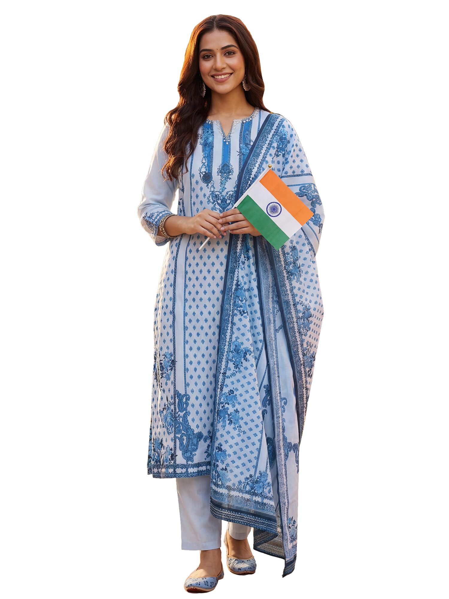 indo era Women's Pure Cotton Floral Printed Straight Kurta & Pant With Dupatta Set (IERTF11651)-picture-12