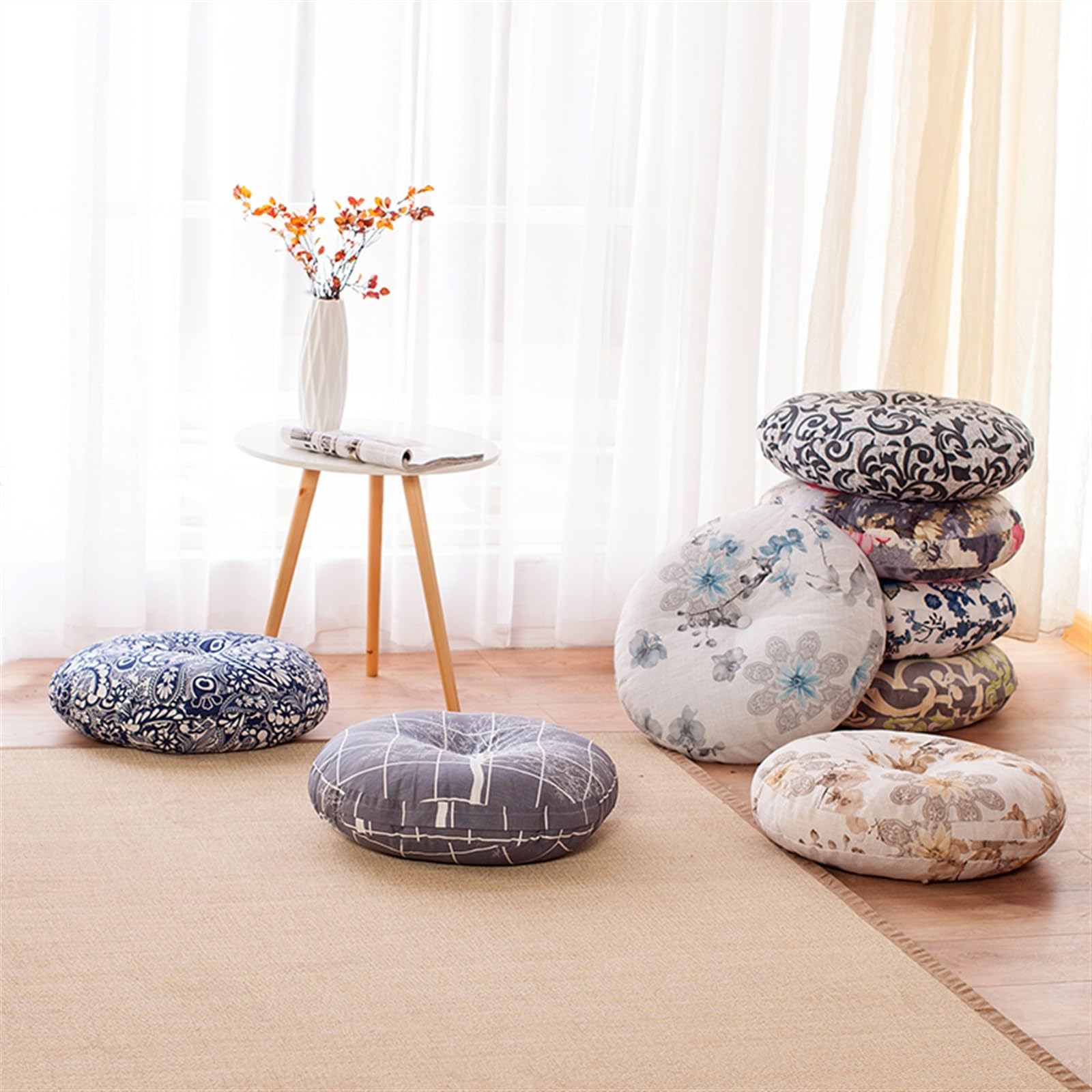 Rundes Bodenkissen für Wohnzimmer, verdickt, abnehmbar, waschbar, Meditations-Yoga-Kissen, weicher Stoff, Futon-Kissen, vielseitiger Bodensitz, 50 x 50 x 13 cm
