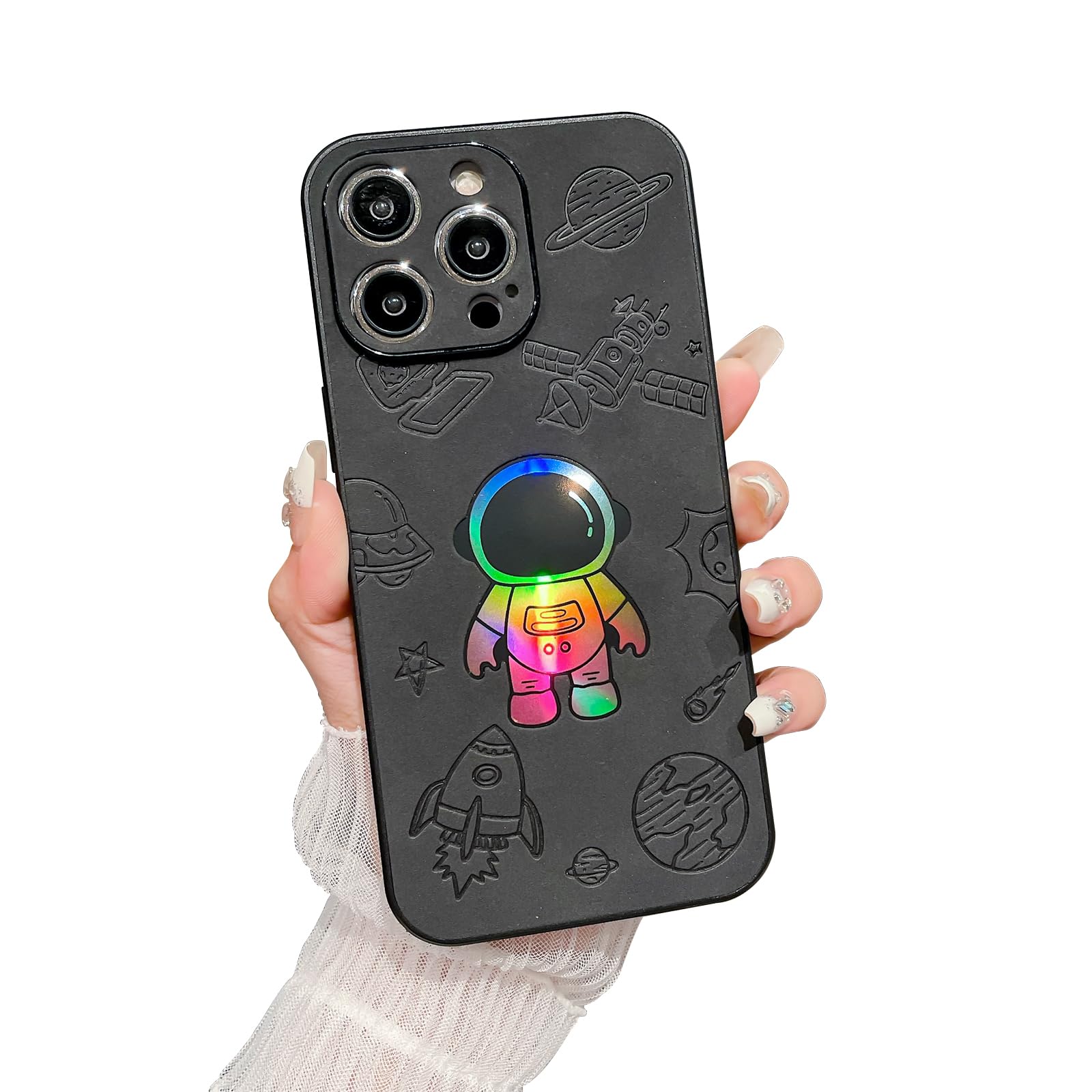 Compatible with iPhone 15 Pro Max Case, Cute Astronaut Planet Pattern Laser Case for Women Men, Camera Protection Hard PC Back Shockproof Cover Case for iPhone 15 Pro Max - Black (Astronaut)