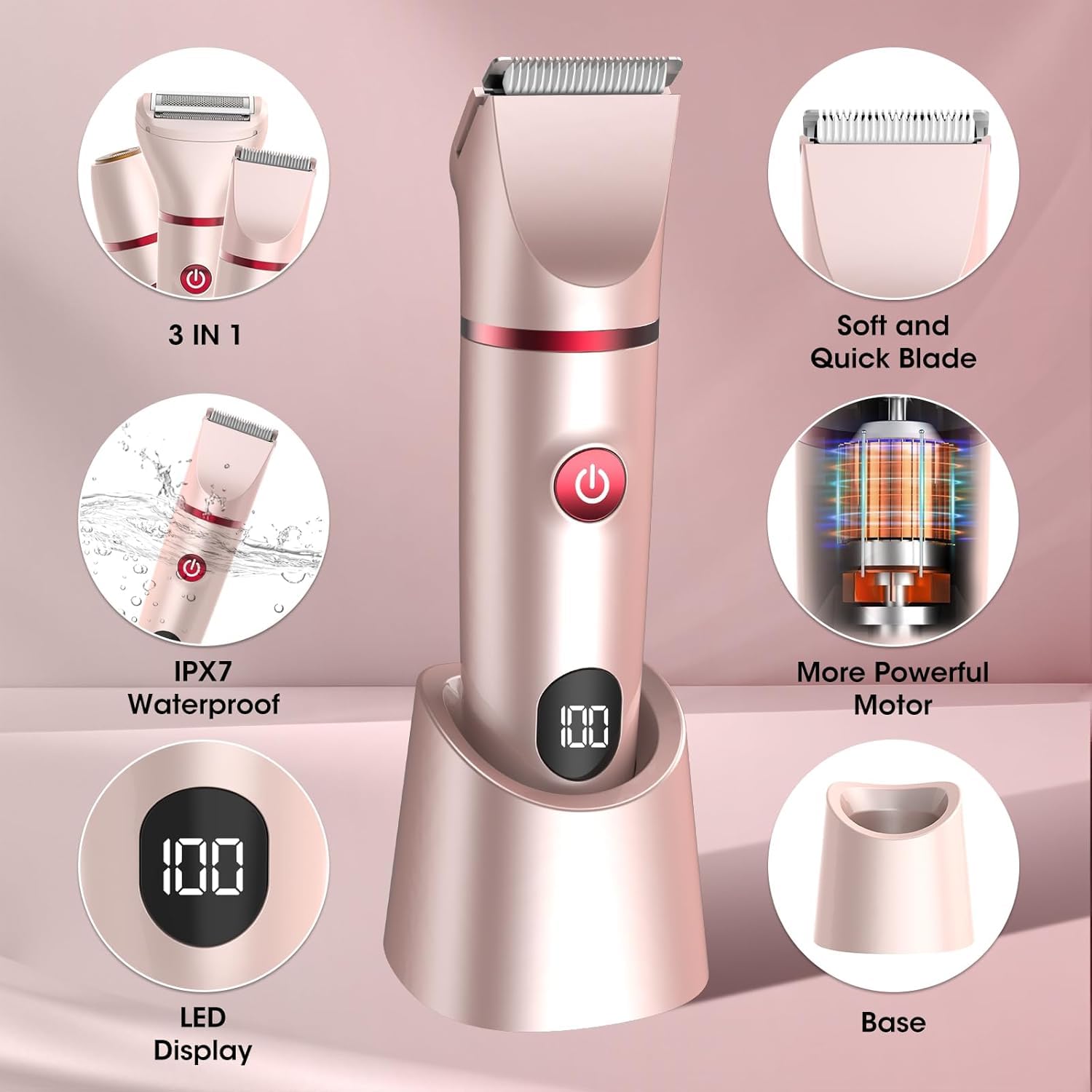 Rasoio Elettrico Donna, 3 in 1 Rasoio Donna Elettrico Senza Fili per corpo, gambe, peli pubici e viso, IPX6 impermeabile e USB ricaricabile