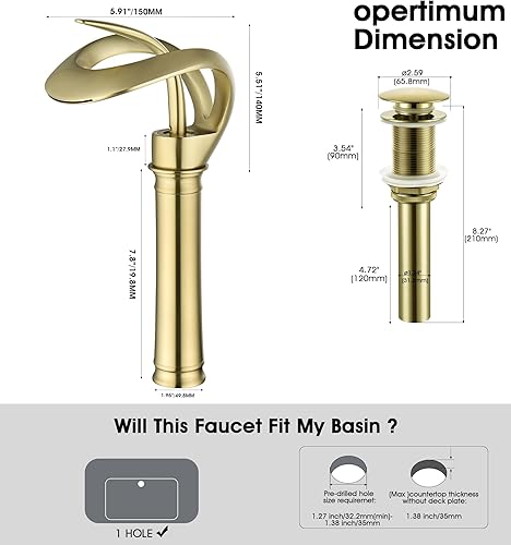 Miniatura 7 de AUU - Elegante grifo de lavabo de un solo mango, moderno grifo de baño de un solo orificio con línea de suministro de drenaje desplegable (oro