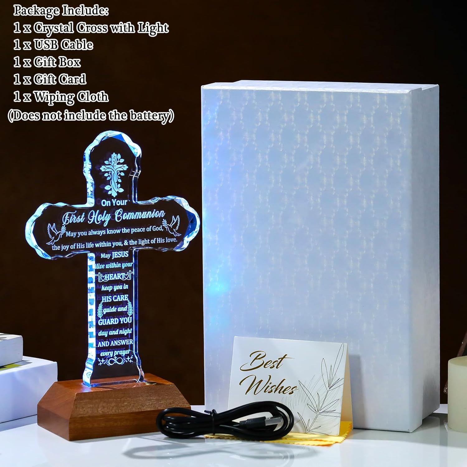 Ornalrist First Holy Communion Gifts for Girls Boys Glass Stand Cross with Colorful LED Base, First Communion Baptism Gift Idea for Granddaughter Religious Keepsake Christening Christian Decor