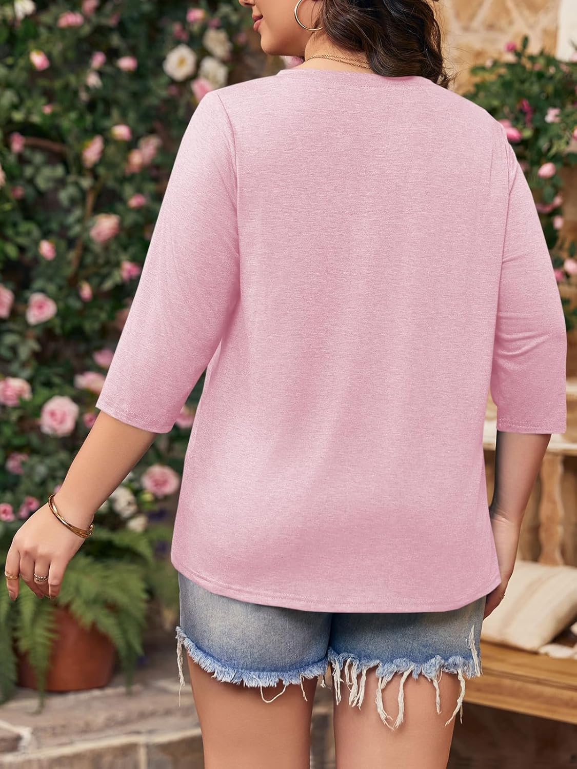 Tankaneo Women Plus Size Tops V Neck 3/4 Sleeve Casual T Shirts Loose Basic Tunic Tees - Image 3