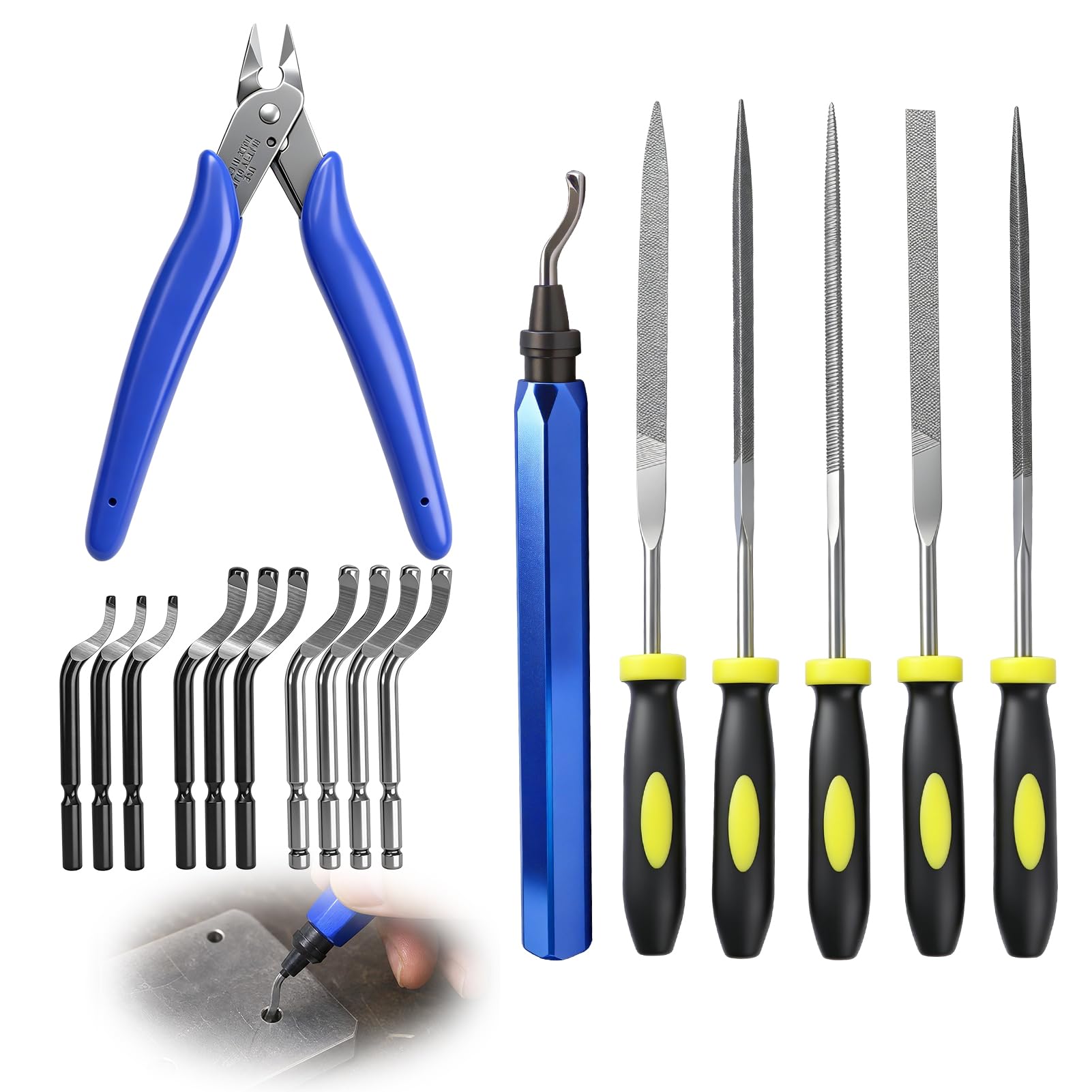 Kit de Desbarbado Manual con 10 Cuchillas, 5 Limas y Alicate de Corte para Metal, Plástico, Resina