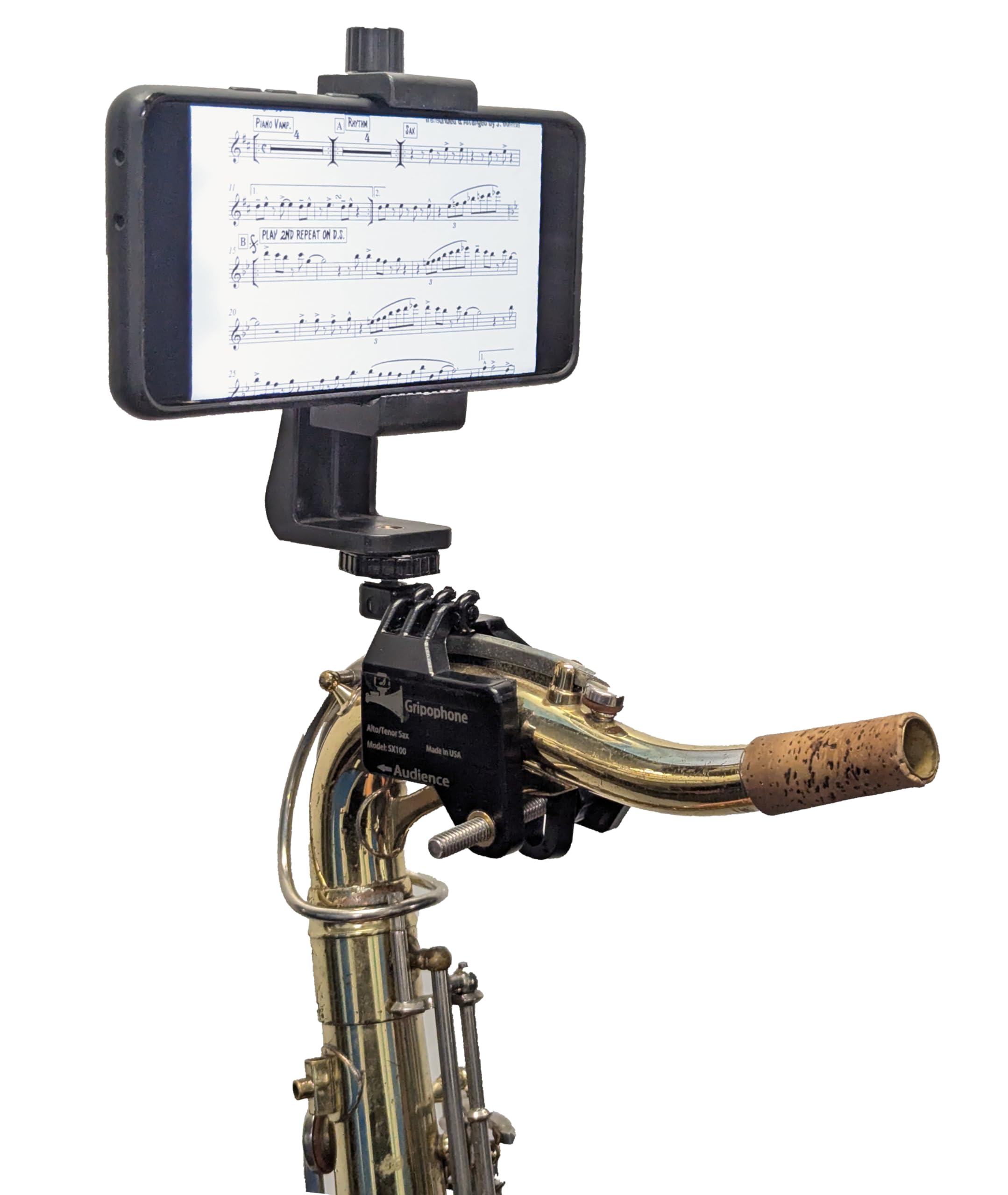 Gripophone Alto, Tenor, & Bari Sax Phone Mount Lyre - SX100 - Made in USA