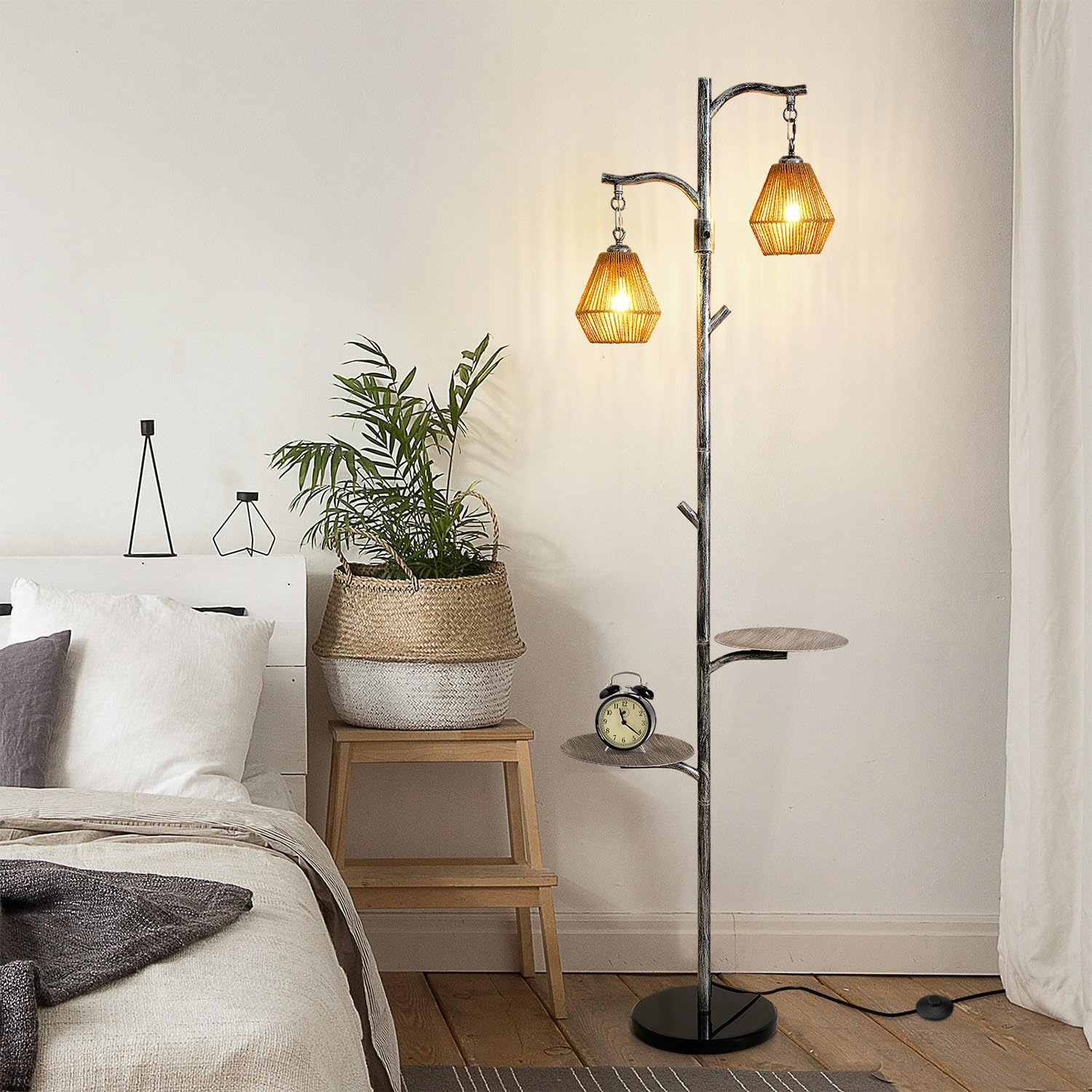 Hsyile Arc Floor Lamp with Cage Shade,Rattan&Fabric Boho Floor Lamps for Living Room Bedroom,Silver Gray Industrial Dimmable Floor Light,Farmhouse Rustic Tall Lamp for Office Reading