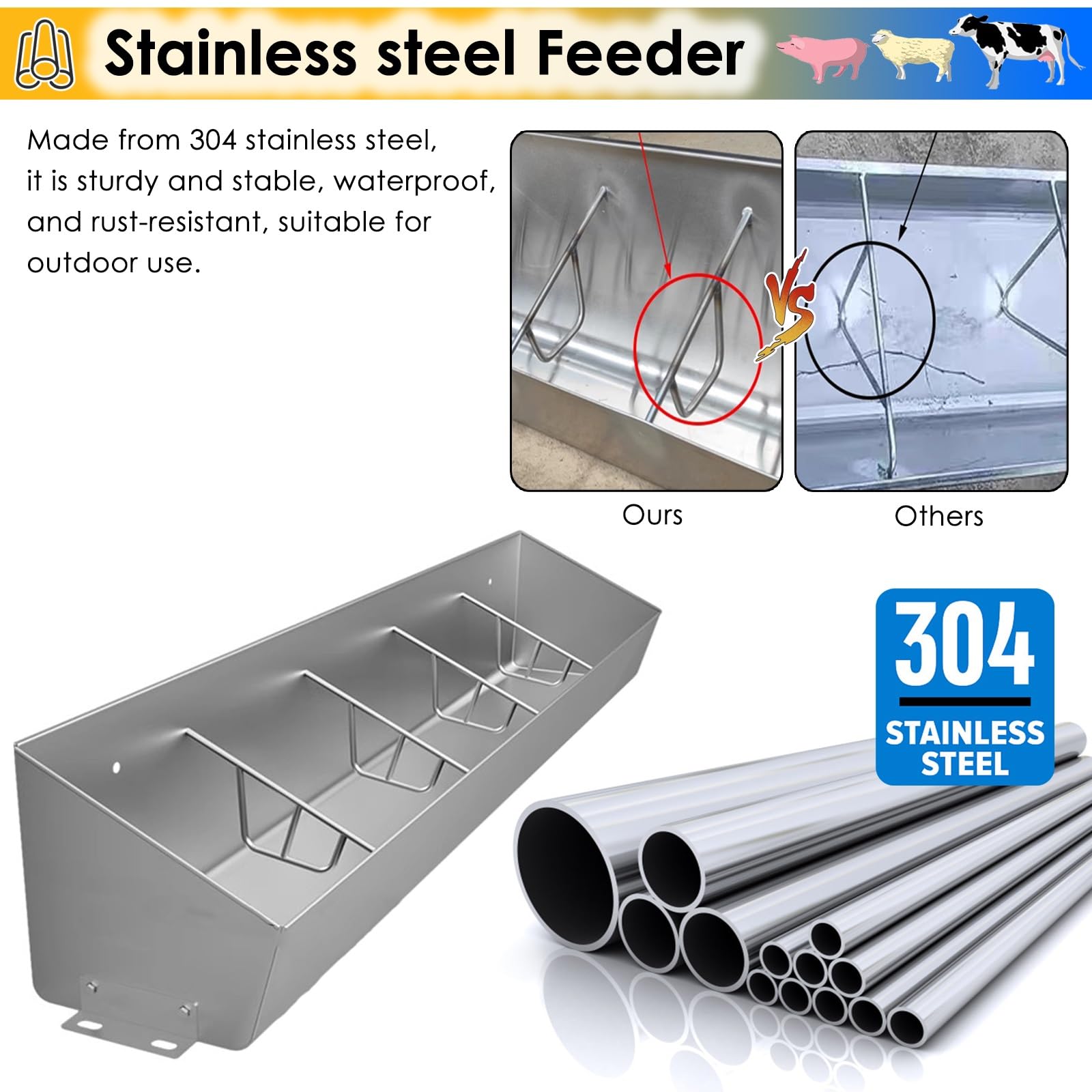 Set di mangiatoie per suini, robuste mangiatoie in Acciaio Inox sospese/a Terra con recinzioni indipendenti, Adatte per stalle di bovini, Ovini, equini e suini.