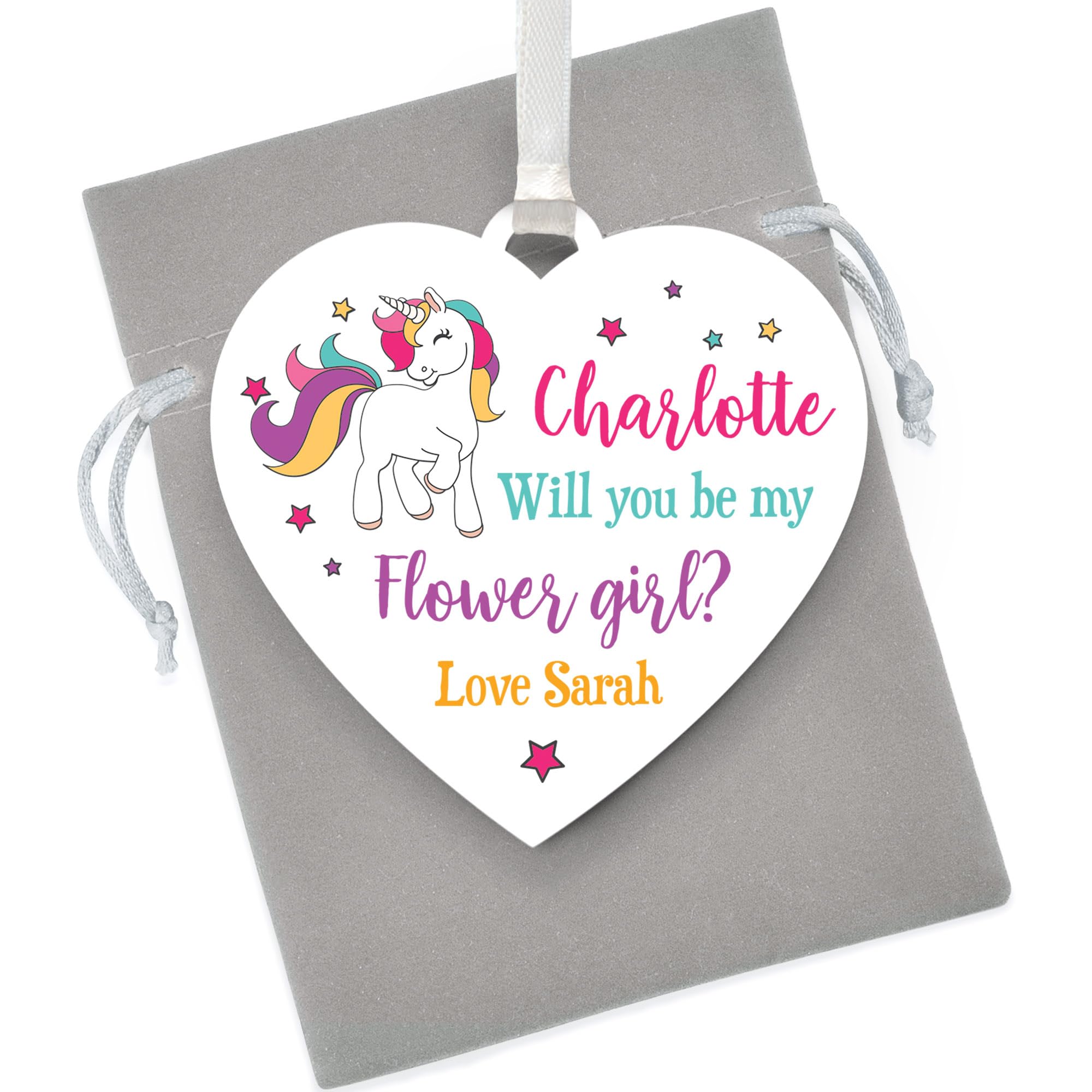 Will You Be My Flower Girl Personalised UNICORN Plaque Gifts - Be My Bridesmaid, Maid of Honour, Flower Girl Gifts for Girls, Daughter, Niece, Child - Unicorn Gifts for Wedding Party - With Grey Bag