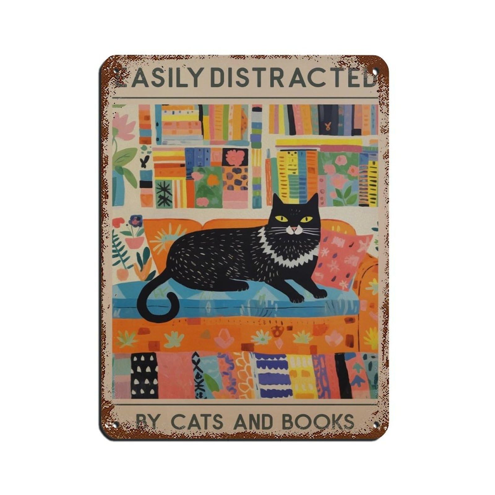Cat And Books Poster, Vintage Book, Library Poster Tin Sign Vintage Metal Pub Club Cafe Bar Home Wall Art Decoration Poster Retro 12x16inch(30x40cm)