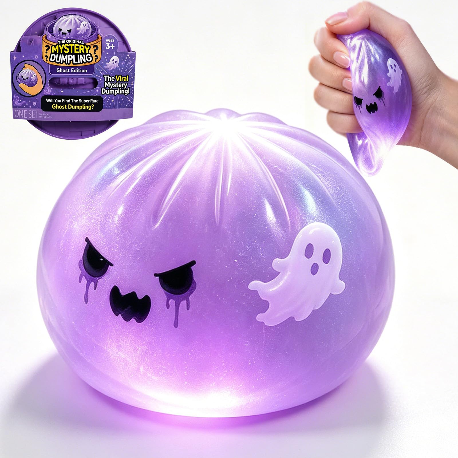 Mystery Halloween Ghost Dumpling Squishy, Glitter Squishy Dumpling Toy with Mystery Box, Dough Ball Stress Relief Sensory Toys for Adults Kids Birthday Party Favor (Halloween-A, A)