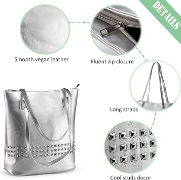 Tote Bag Handbags for Women Large Women's Totes with Studs PU Leather Ladies Bag Long Handles Shoulder Bag for Work Shopping School (Silver)
