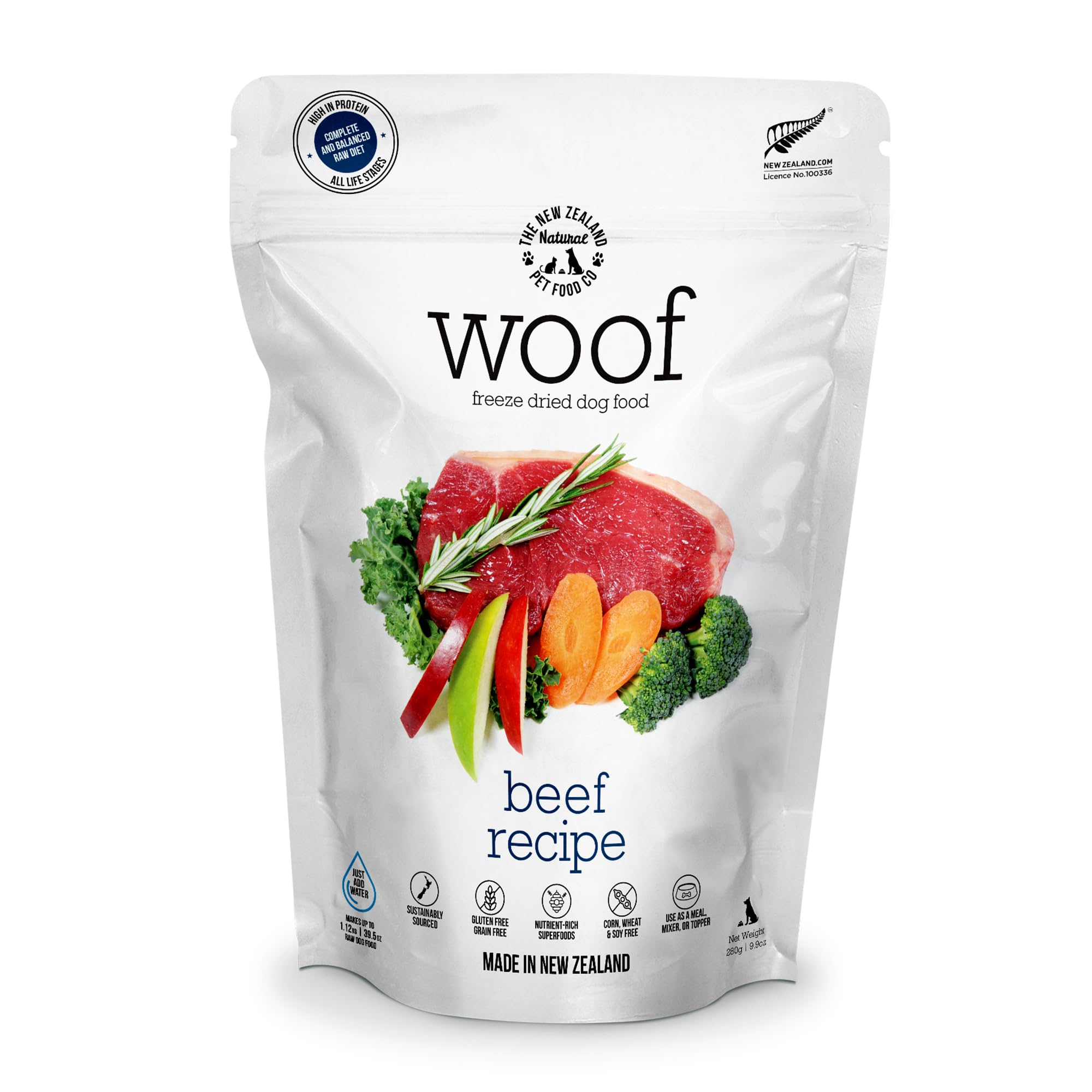 The New Zealand Natural Pet Food Co WOOF Freeze Dried Dog Food - Beef Recipe, High Protein, Use as a Complete Diet, Dog Food Topper, Mixer, or as Dog Treats, All Life Stages, 9.9 oz