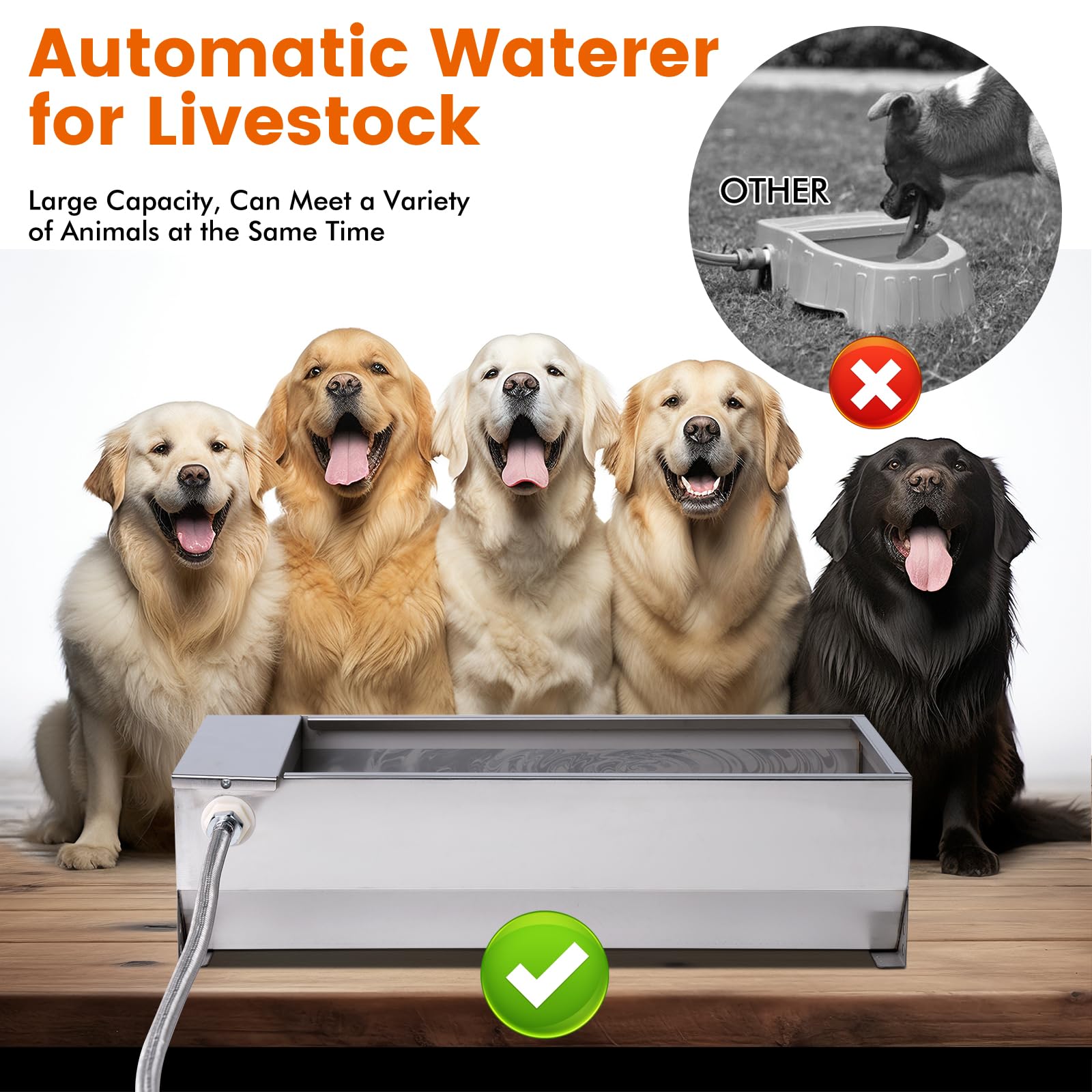 Canal automático de agua para ganado, tanque de agua para perros de gran capacidad, dispensador de cuenco de agua potable de acero inoxidable con kit de válvula flotante para caballo, cabra,