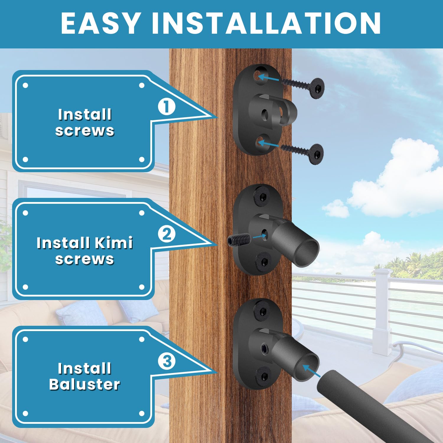 8 Foot x 1-inch Round Horizontal Bar Baluster for Stair Remodel- Wrought Iron Hollow Staircase Metal Spindles for Indoor Staircase-Stair Installation-Matte Black 3 Pack