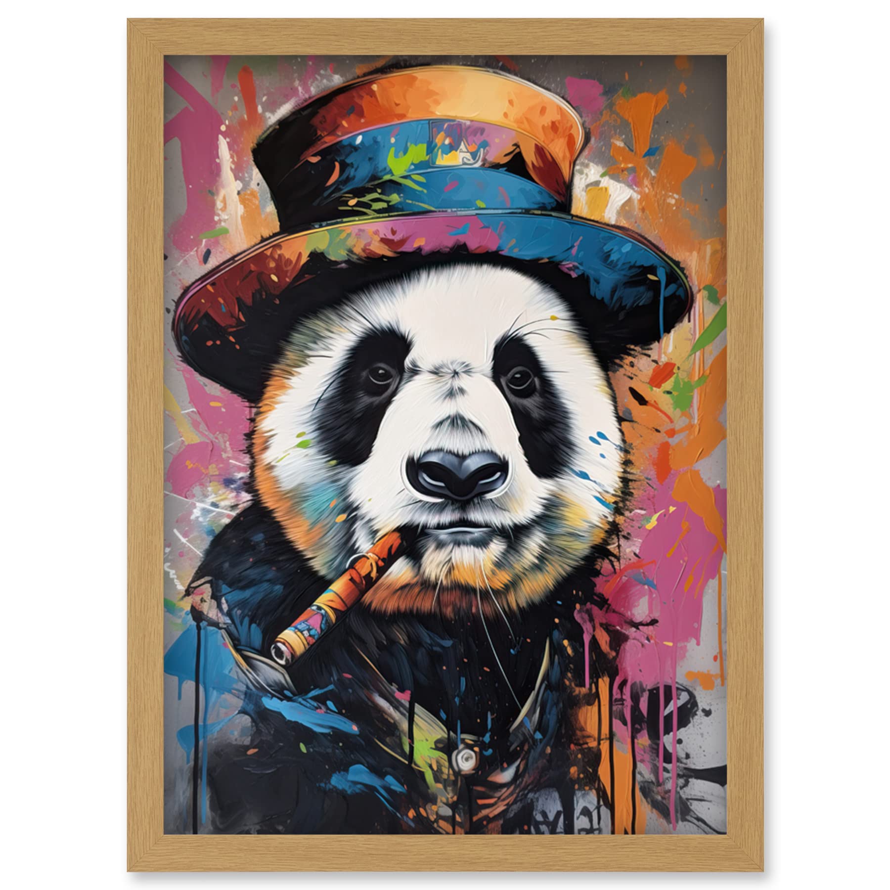 Artery8 Panda Bear with a Suit Low Top Hat and a Cigar Artwork Framed Wall Art Print A4