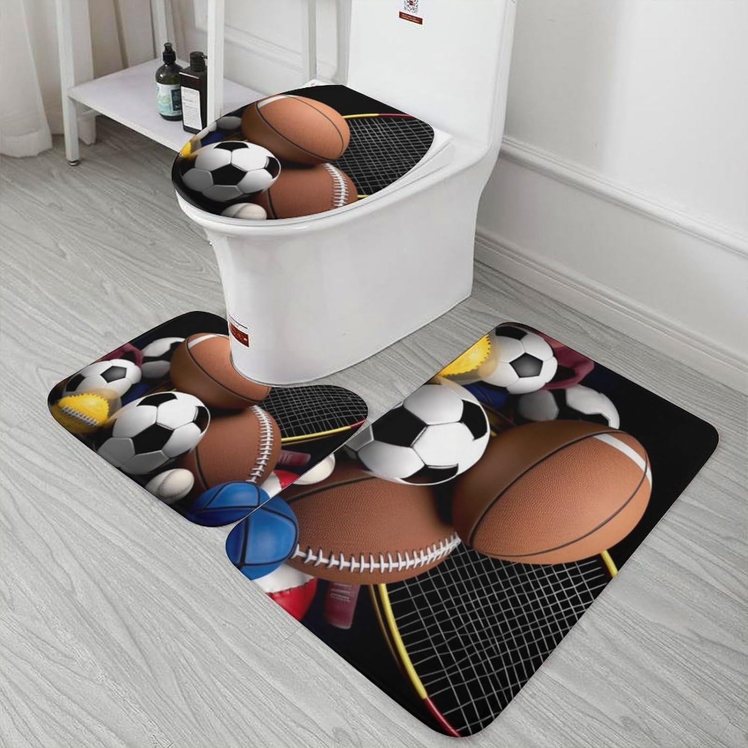 Anti-Skid Floor Mats 3 Piece Set,Sports Themed Printed Coral Fleece Bathroom Mats U-Shaped Contour Mat Toilet Seat Cover for Bathroom, Tub, Shower, Kitchen 19.7"x31.5"