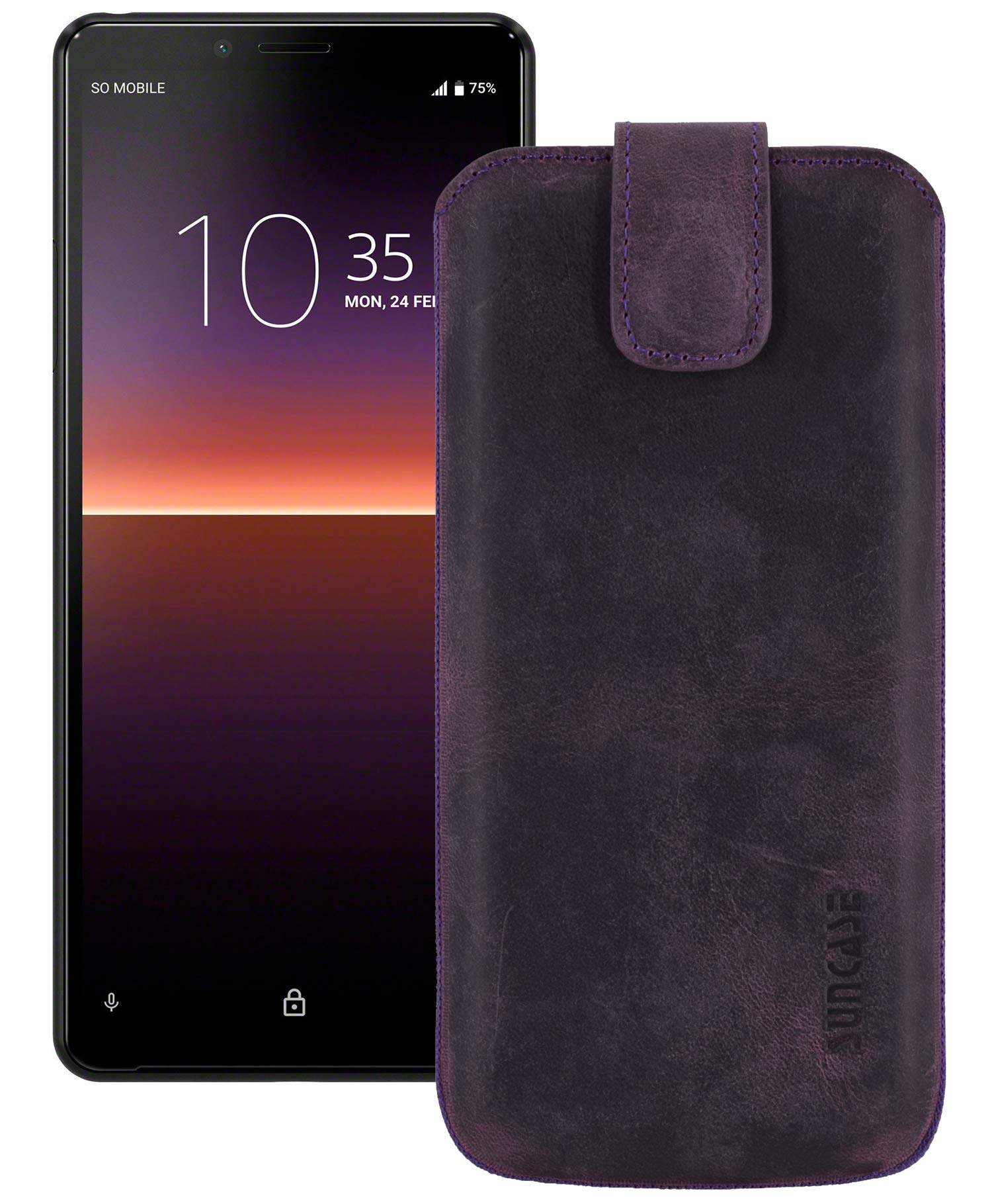 Suncase Mobile Phone Case Compatible with Sony Xperia 1 II 2 (2020) with Additional Case / Shell / Bumper Flap with Pull-Up Strap Leather Case in Antique Purple